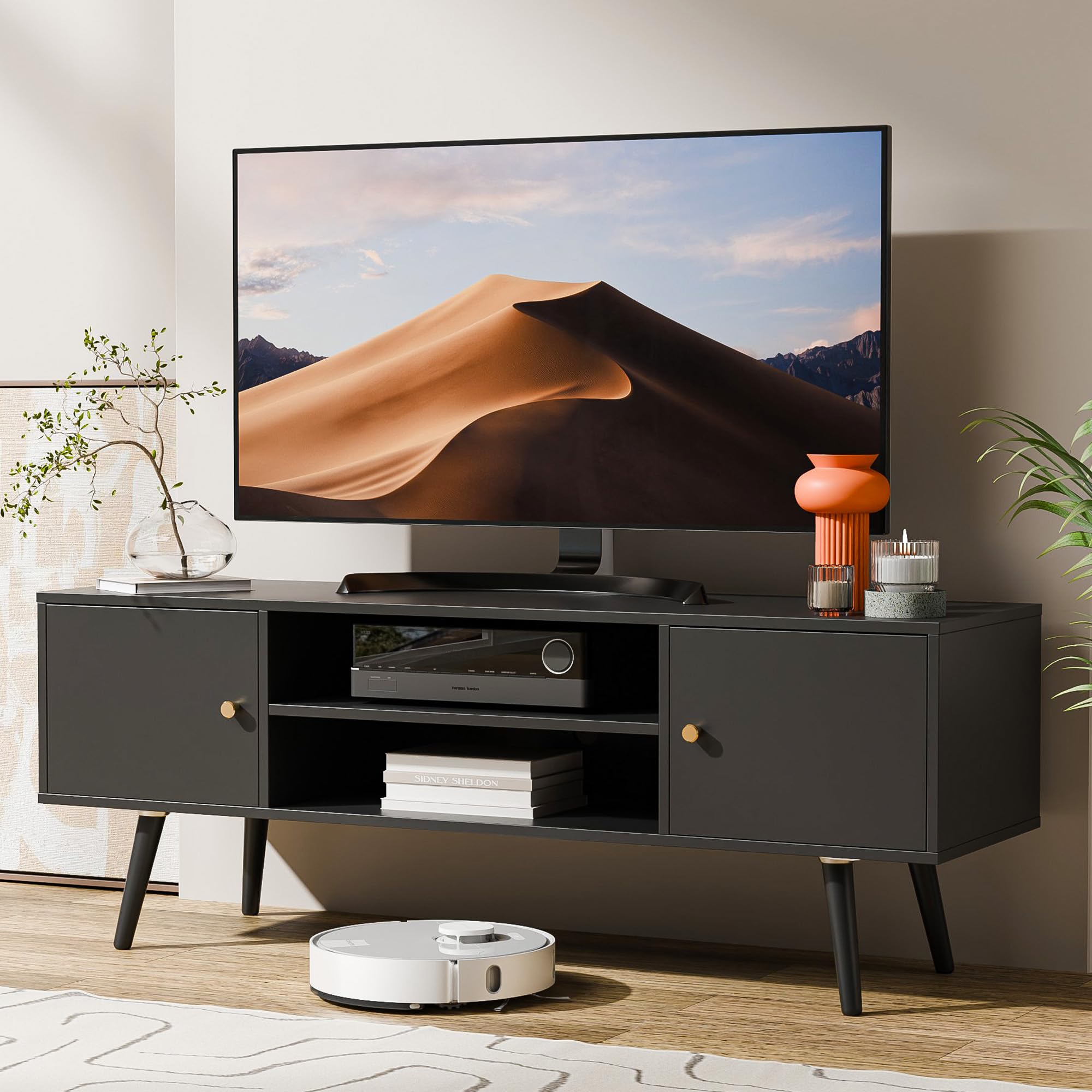Mid Century Modern TV Stand for 55-60 Inch TVs - Cozy Castle Entertainment Center with Storage | Media Console Table for Living Room, Bedroom & Office | Perfect for Home Theater & Media Organization
