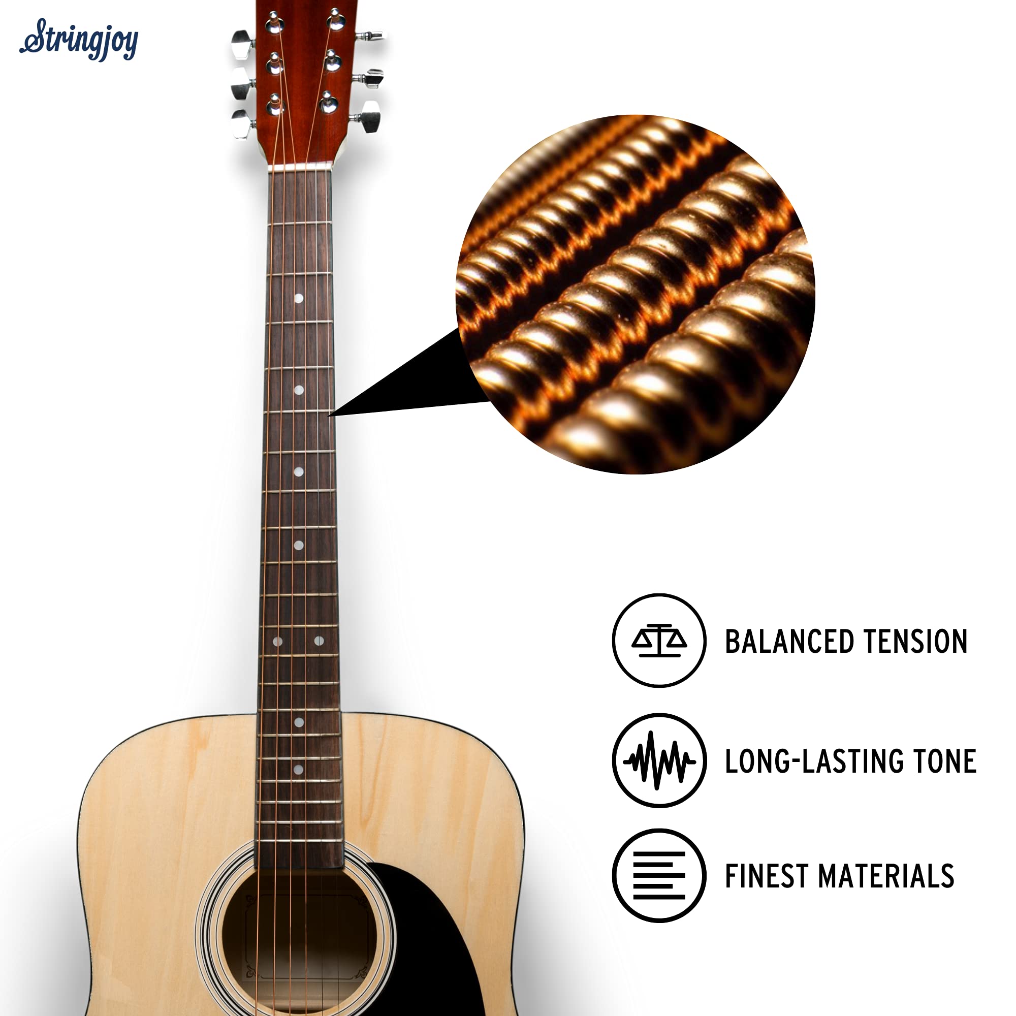 Stringjoy BB1356 Brights 80/20 Bronze Acoustic Guitar Strings - Medium Gauge (13-56) for Warm Tone & Longevity | Perfect for Folk, Country & Fingerstyle Playing