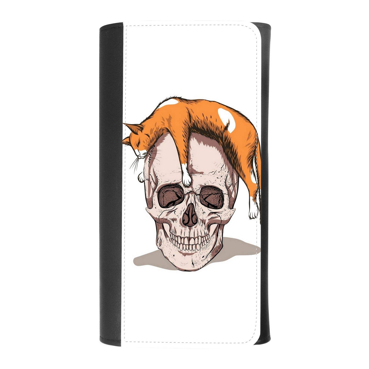 Funny Skull & Orange Cat Design Women's Leather Tri-Fold Wallet with RFID Protection - Credit Card Holder & Smartphone Slot - Perfect for Daily Use, Travel & Gift Giving