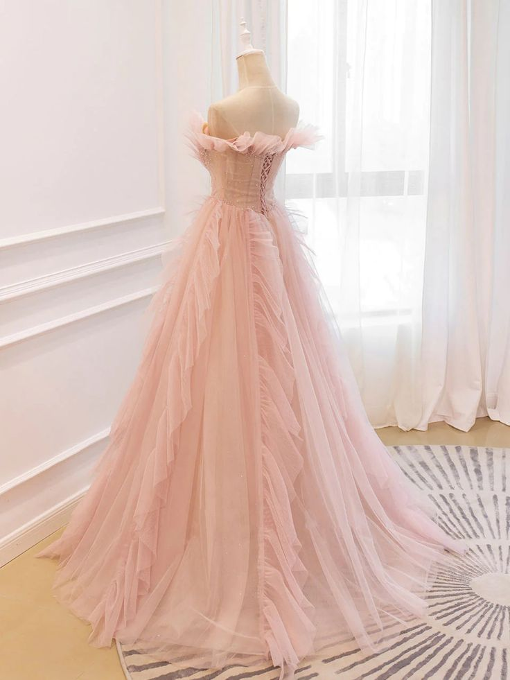 Elegant Off the Shoulder Pink Tulle Long Prom Dresses J4398 - Formal Evening Gown for Homecoming, Quinceañera & Special Occasions