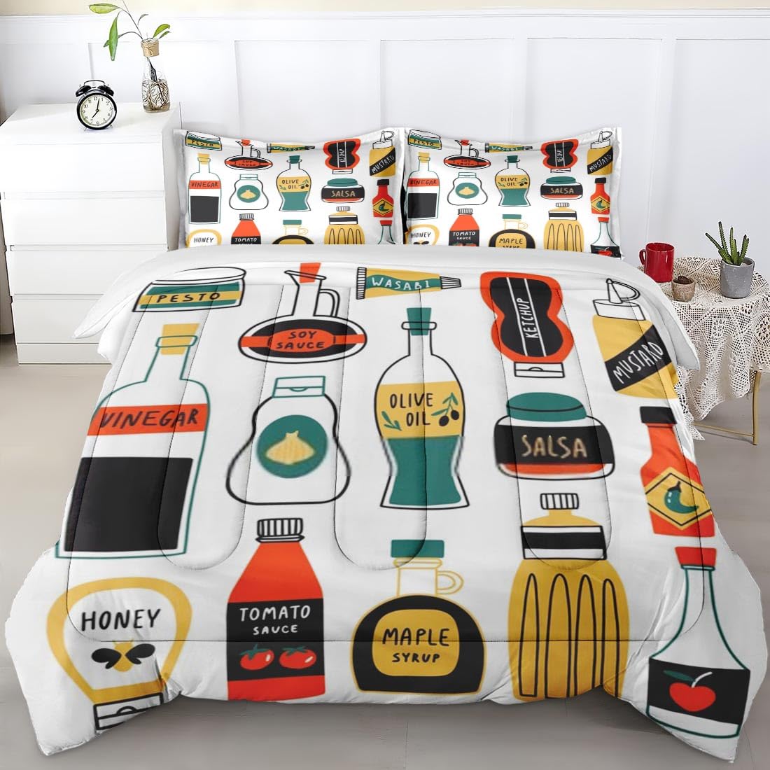 King Size Comforter Set - Olive Honey Mustard Bottles Design, Soft Bedding for Kids & Adults, Includes 2 Pillowcases | Perfect for Cozy Bedroom Decor, Guest Rooms & Dorm Essentials