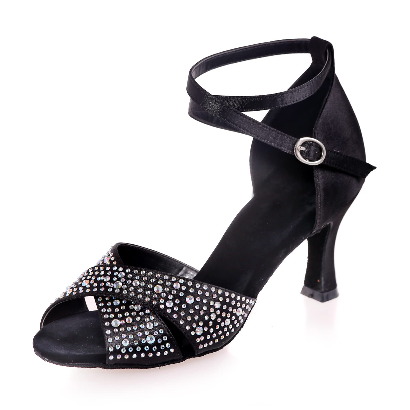 **PALHERU Women's Rhinestone Satin Tango Dance Shoes - Flared Heel, Open Toe Sandals with Buckle & Soft Sole for Latin, Ballroom & Social Dancing - Perfect for Performances, Weddings & Dance Classes**