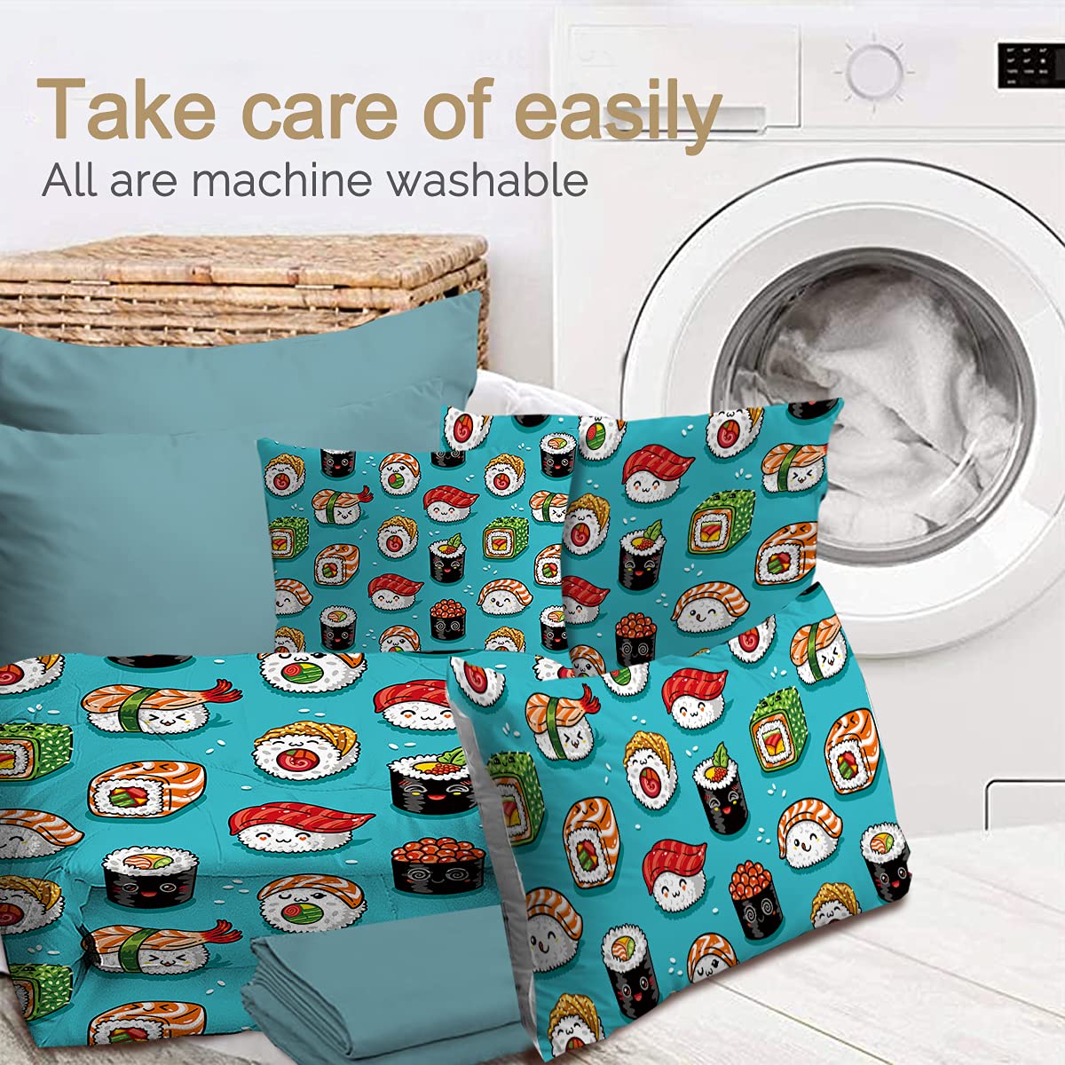 BlessLiving Sushi Queen 8-Piece Comforter Set - Kawaii Sushi Smiling Pattern Bedding Set with Comforter & Sheets, All-Season Down Alternative Duvet Cover for Girls & Women | Perfect for Teen Bedrooms, Dorm Rooms & Anime Lover Gifts