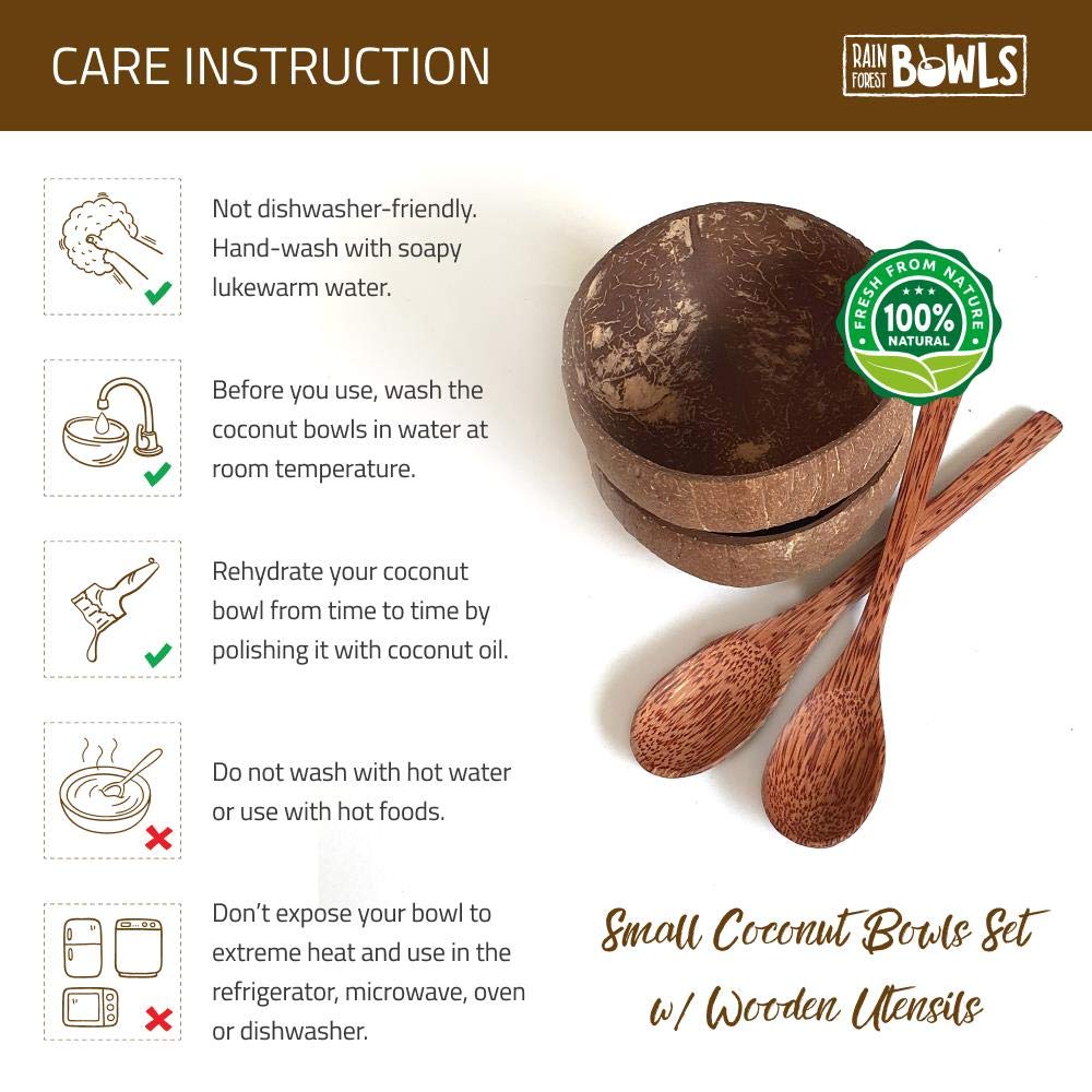 2 Eco-Friendly Raw Coconut Bowls (Small) with 2 Coconut Wood Forks - 100% Natural Organic Kitchen Set - Handcrafted from Reclaimed Coconut Shells - Perfect for Smoothie Bowls, Acai Bowls, Salads & Vegan Meals