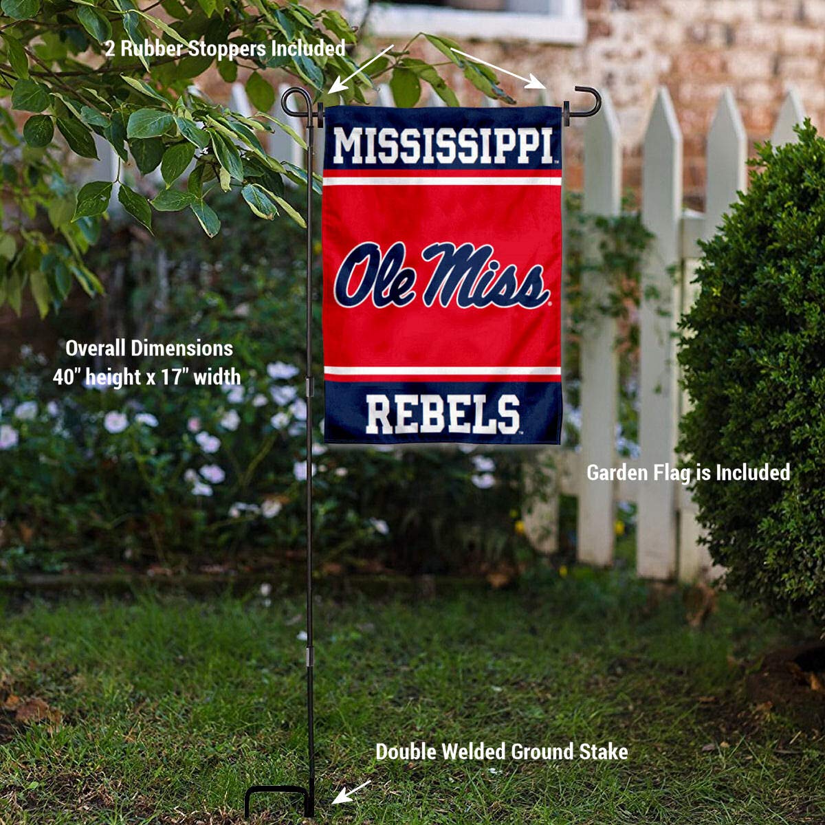 Ole Miss Garden Flag with Stand Holder - College Flags & Banners Co. - Perfect for Game Day, Tailgating, and Home Decor