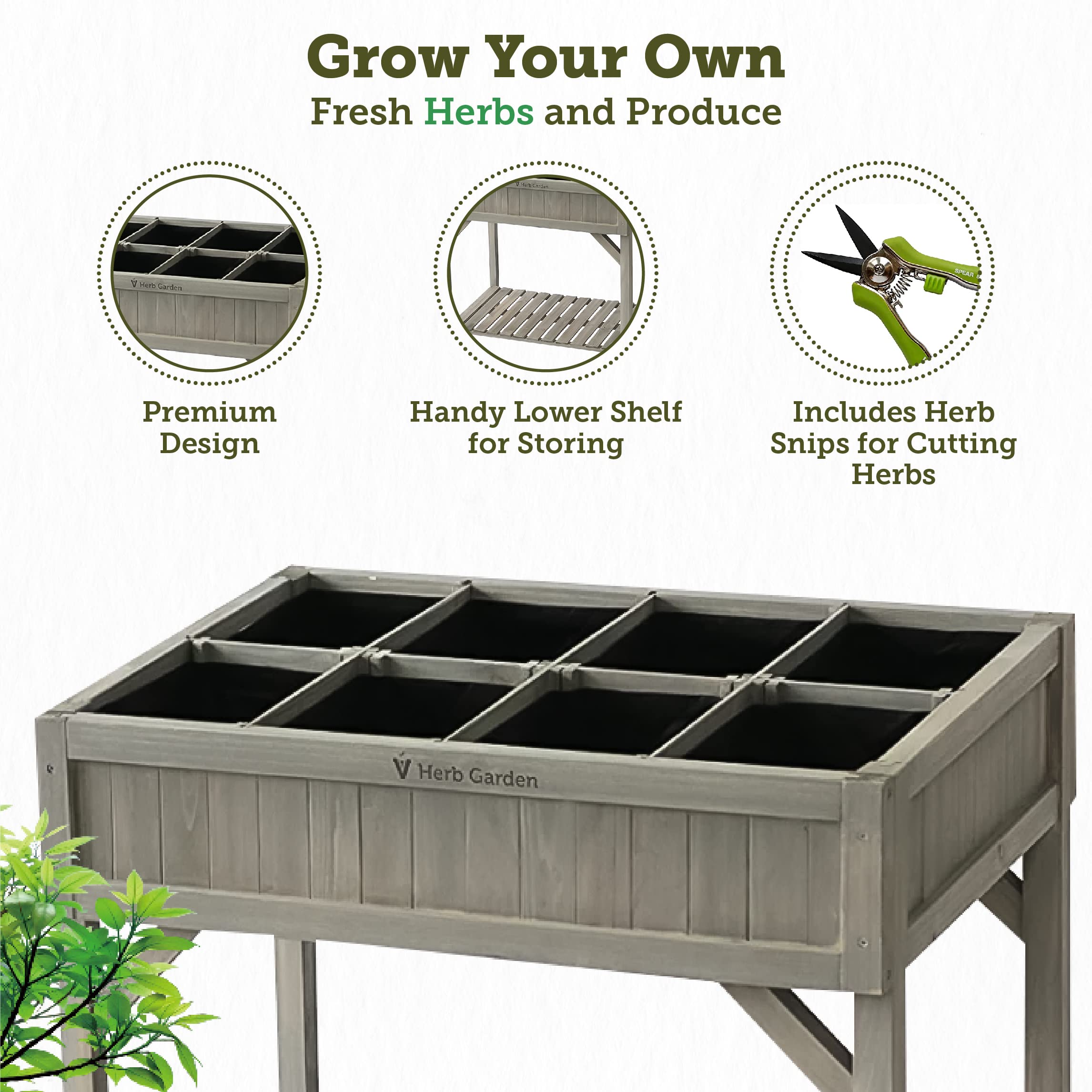 VegTrug 8 Pocket Wooden Herb Garden Planter with Herb Snips - Gray Wash Raised Bed for Patio, Balcony & Kitchen - Grow Fresh Basil, Mint, Parsley & More