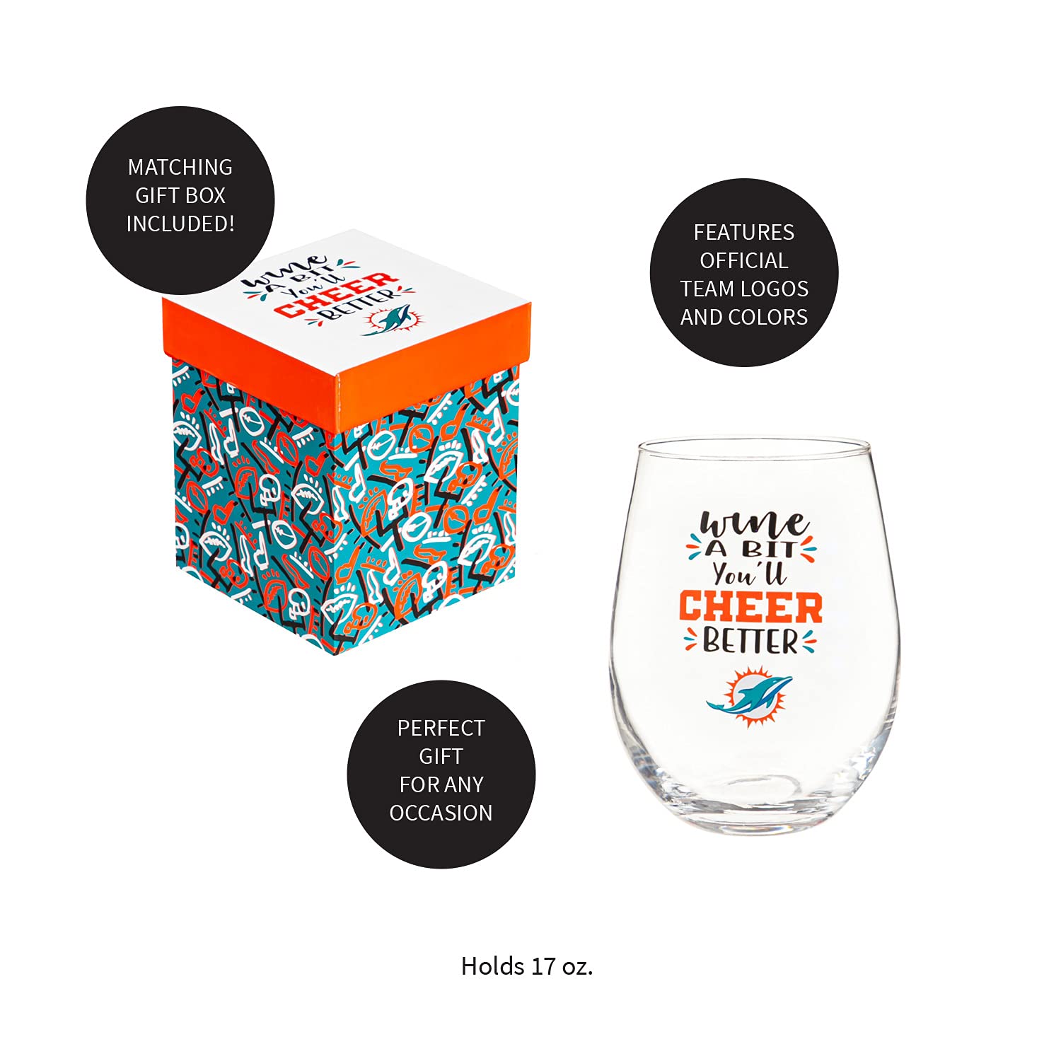 Miami Dolphins 17oz Stemless Wine Glass - Officially Licensed NFL Team Sports America Merchandise - Perfect for Game Day Parties, Tailgating, and Football Fan Gifts