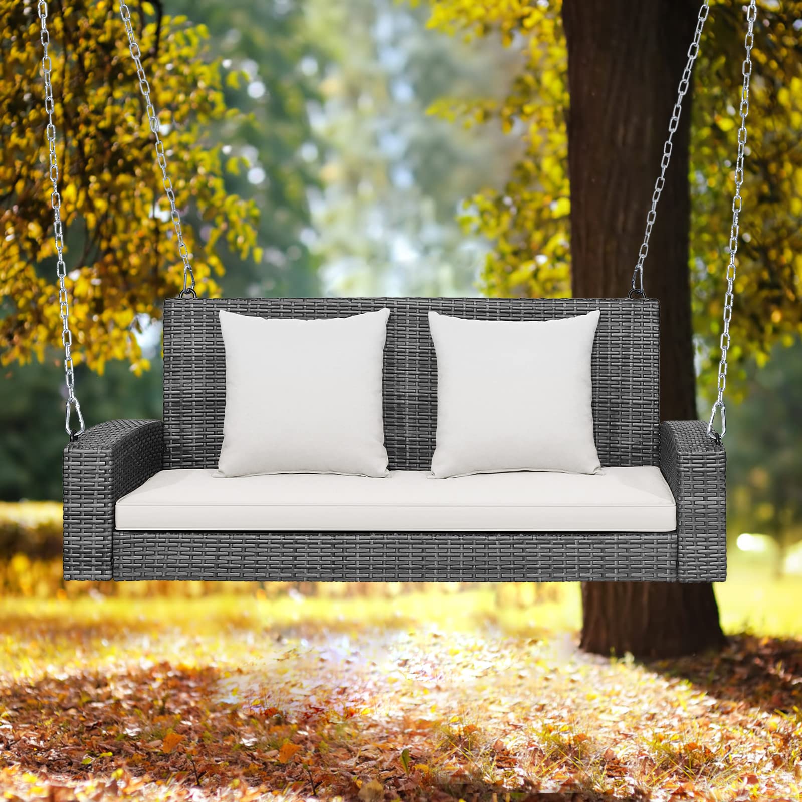 Tangkula 2-Person Wicker Hanging Porch Swing with Cushions - 800LB Capacity Outdoor Rattan Swing Chair with Rustproof Steel Chains - Perfect for Patio, Garden, Balcony & Backyard Relaxation