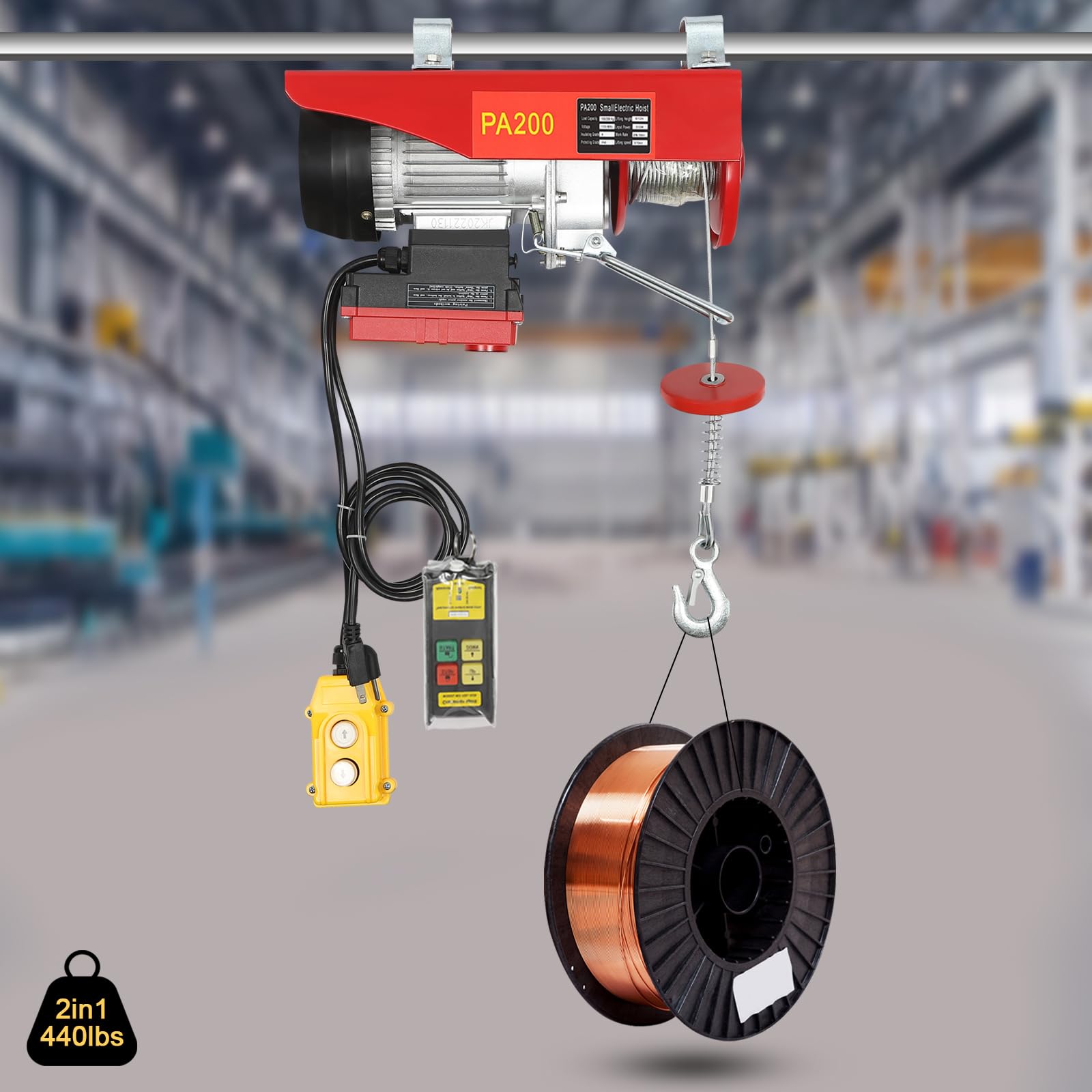 440LBS Electric Hoist with Wireless Remote Control - 510W Steel Electric Winch for Factory, Warehouse & Construction Lifting - Single/Double Slings 110V Electric Lift for Heavy Duty Material Handling