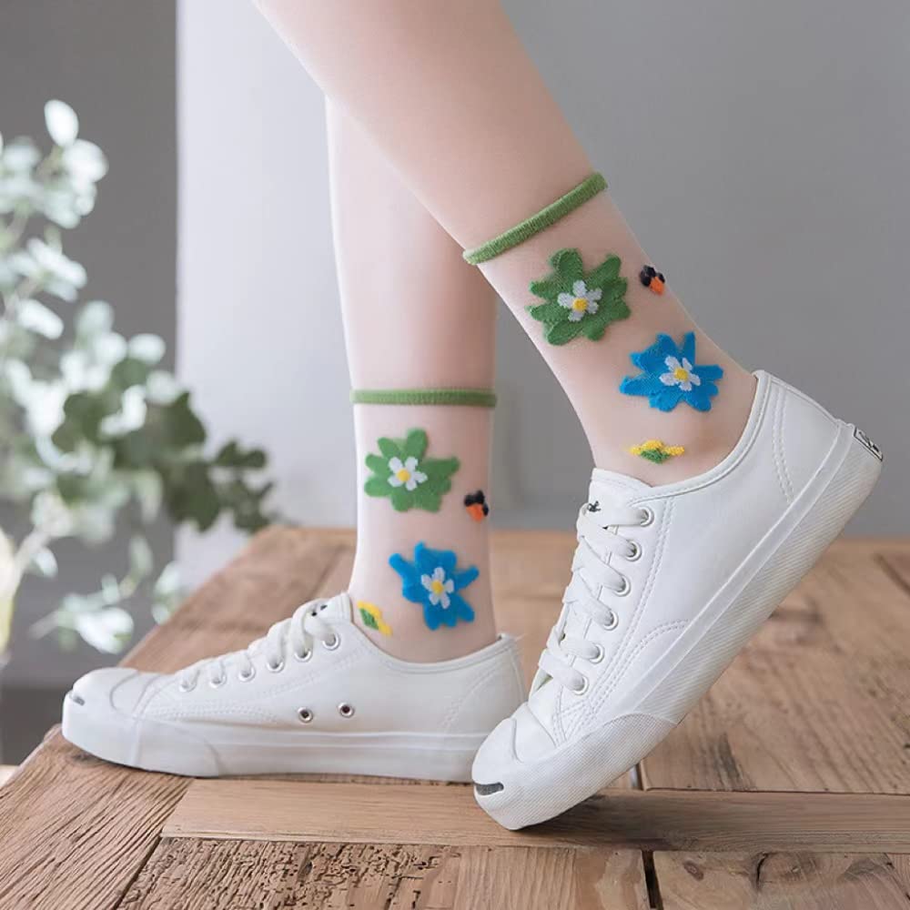 5 Pairs Women's Summer Thin Breathable Floral Silk Socks - Mesh Lace Jacquard Sheer Transparent Crystal Socks for Casual Wear, Office & Special Occasions