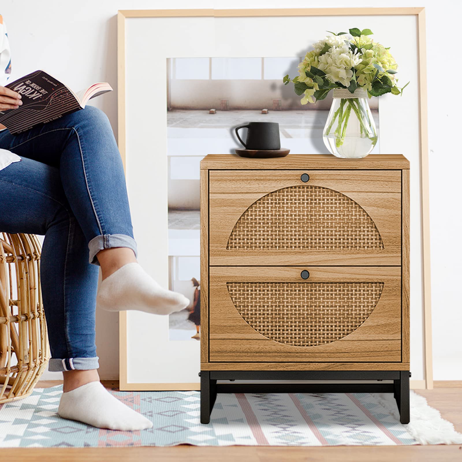Rattan Nightstand with 2 Drawers & Metal Legs - Natural Rustic Bedside Table for Bedroom, Living Room | End Table with Storage Shelf for Home Decor & Organization