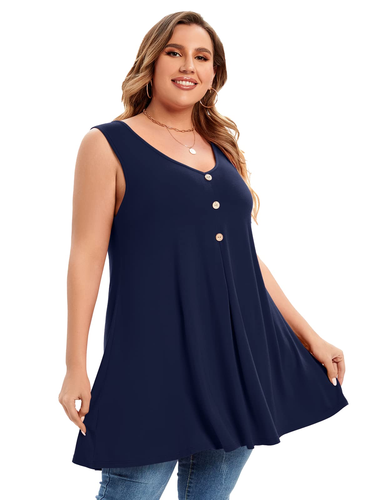 Plus Size Women's V-Neck Button Down Tank Top - Flowy Sleeveless Summer Tunic Shirt for Casual Wear, Beach Outfits & Vacation Essentials