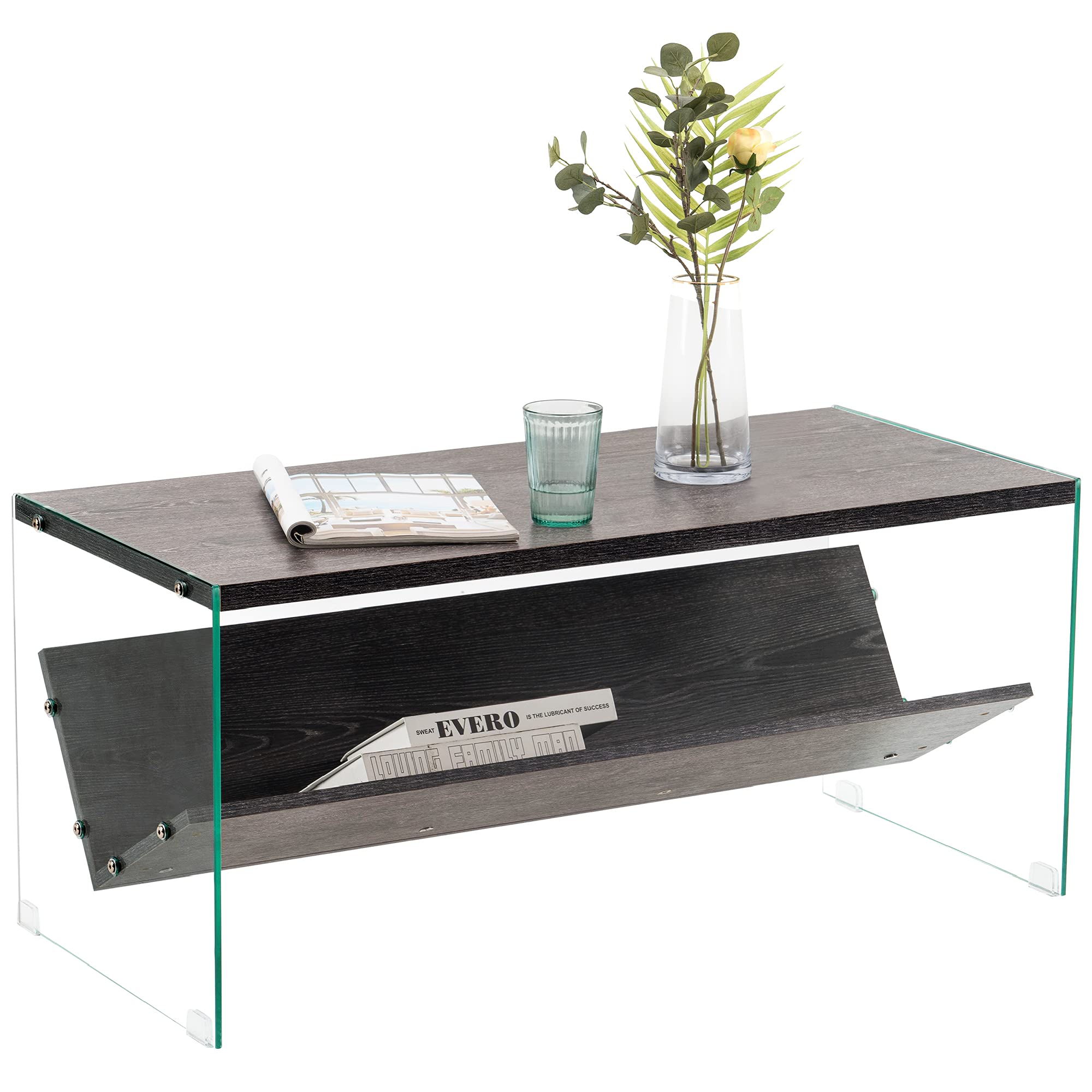 Ivinta Modern Glass Coffee Table with Storage Shelf - 39 Inch Rectangular Industrial Cocktail Table, Grey TV Console & Entryway Table for Living Room - Perfect for Small Spaces, Entertaining & Home Decor