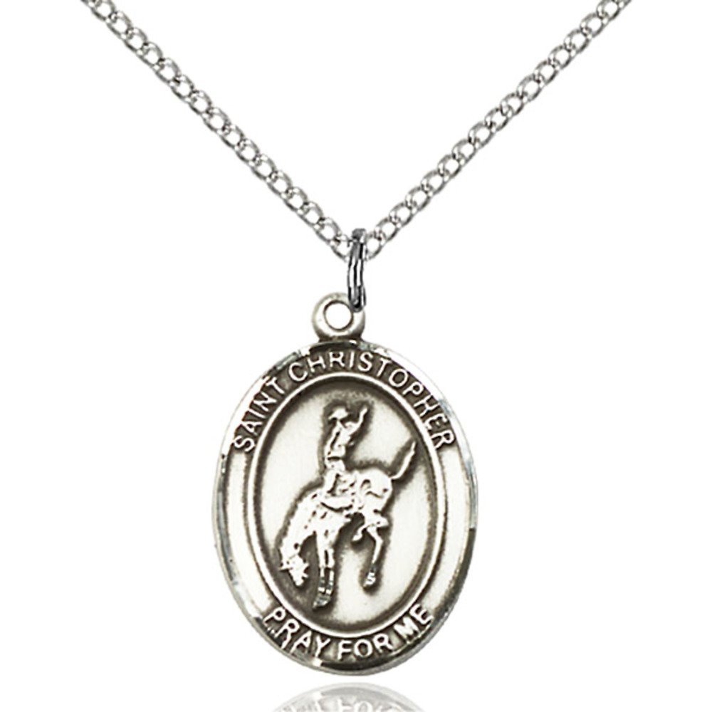 Bonyak Jewelry St. Christopher Sterling Silver Rodeo Handcrafted Oval Medal Pendant - Perfect for Travel Protection & Western Style Jewelry Gifts