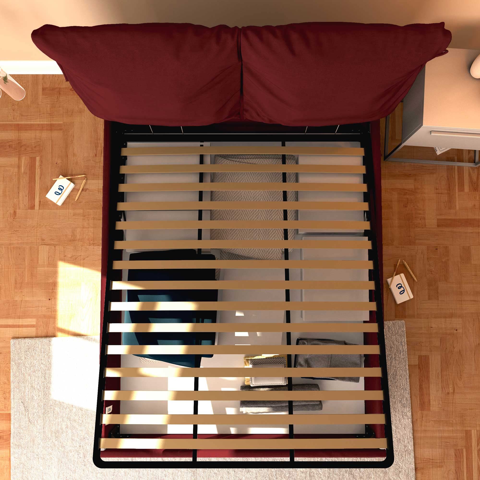 Baldiflex Single Bed with Storage - Licia Soft Synthetic Leather Upholstery, Slatted Base for Single Mattress, 140 x 200 cm, Padded Headboard, Burgundy - Perfect for Small Bedrooms, Guest Rooms & Studio Apartments