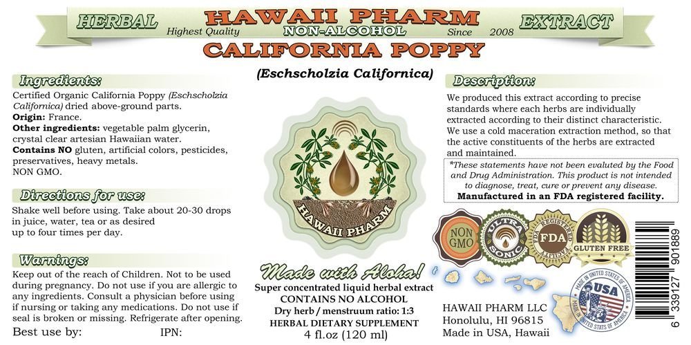 Organic California Poppy Alcohol-Free Liquid Extract (Eschscholzia Californica) - Natural Herbal Glycerite Supplement by Hawaii Pharm - 4x4 oz - Stress Relief & Sleep Aid for Relaxation and Wellness