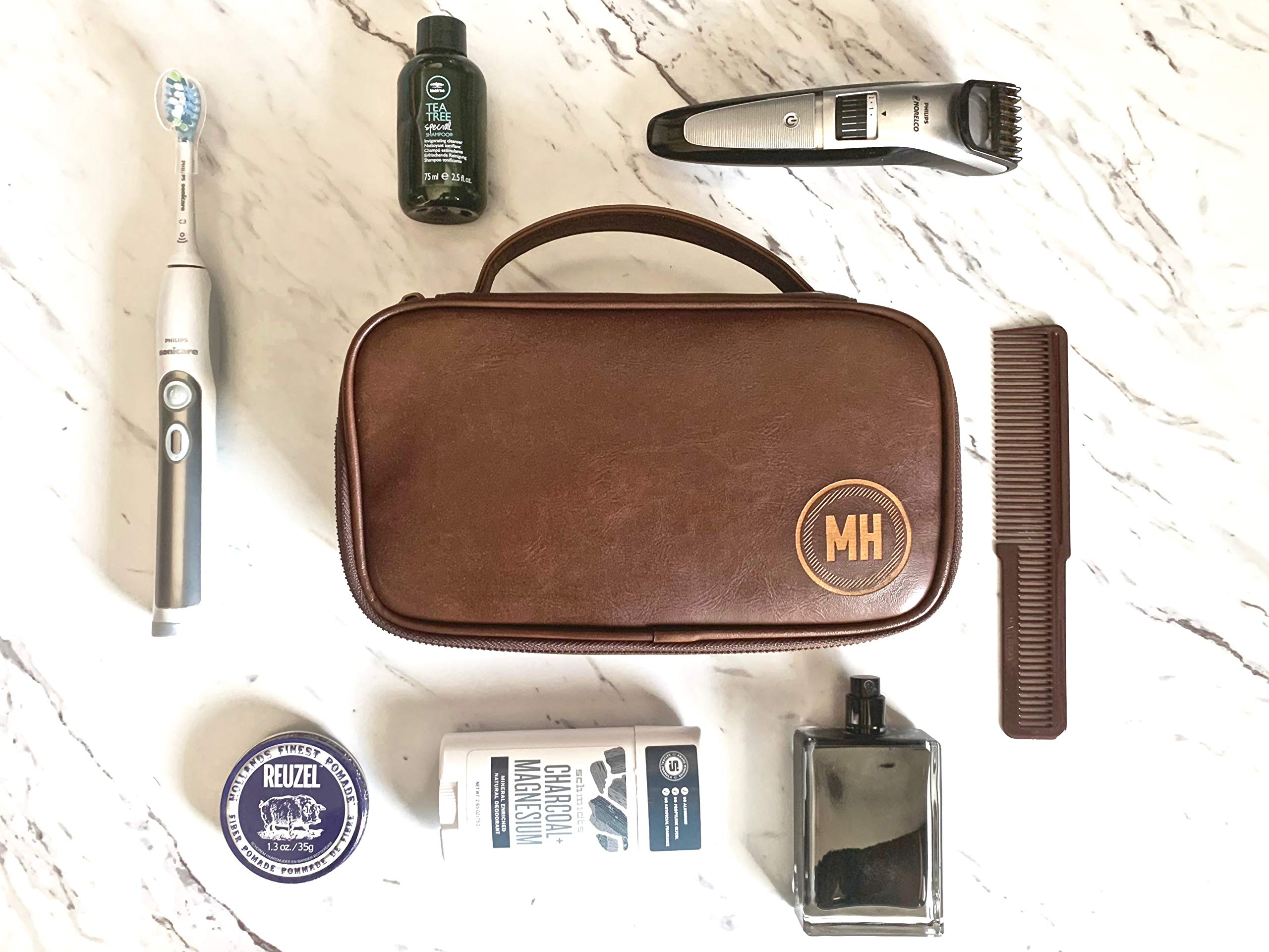 Premium Personalized Leather Toiletry Bag for Men - Swanky Badger Custom Dopp Kit (Brown Circle) - Ideal for Travel, Gym & Grooming Essentials