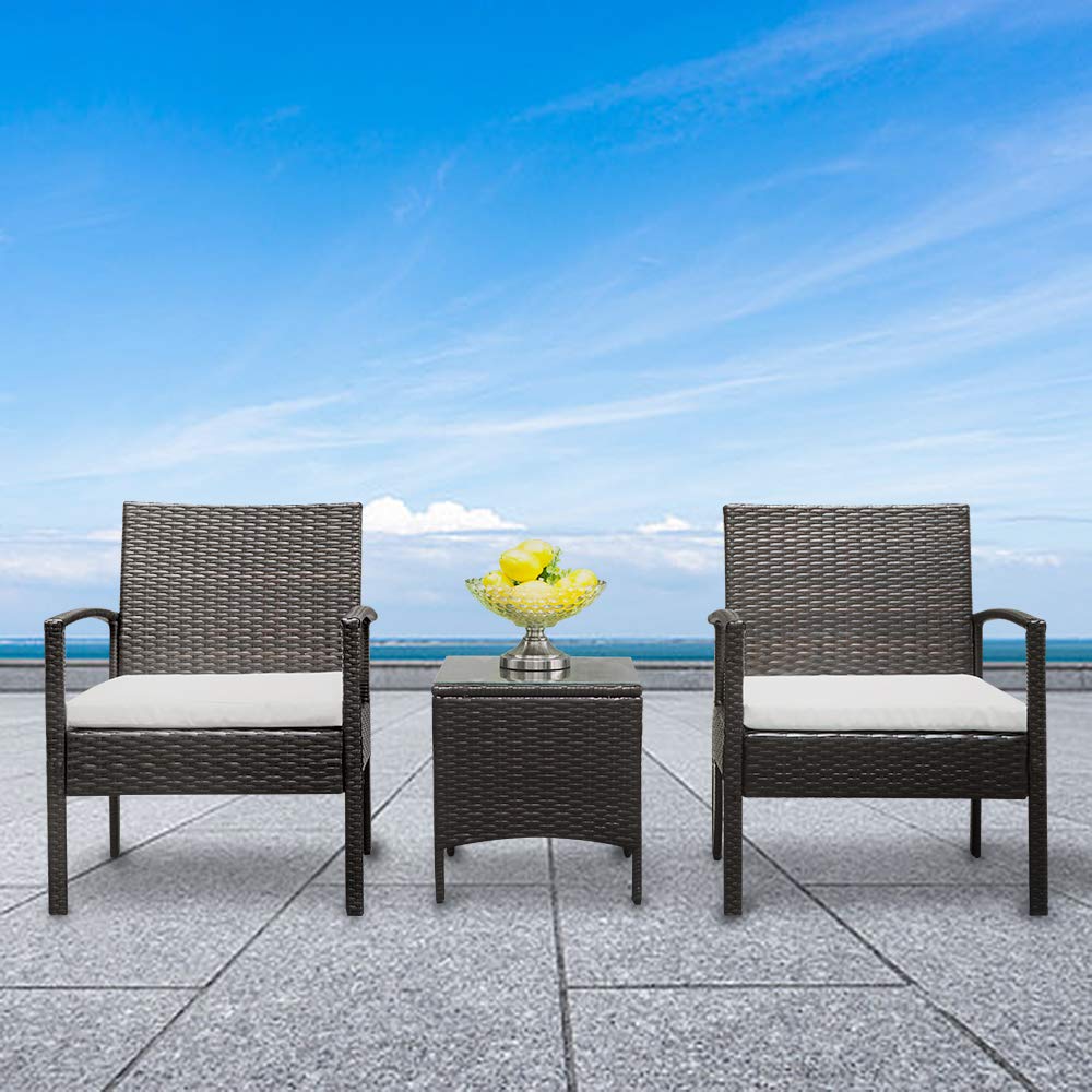 3-Piece Wicker Patio Furniture Set - PE Rattan Outdoor Conversation Set with Glass Table & Cushions for Patio, Balcony, Porch (Brown Gradient & White) - Perfect for Backyard Relaxation, Garden Parties & Outdoor Entertaining