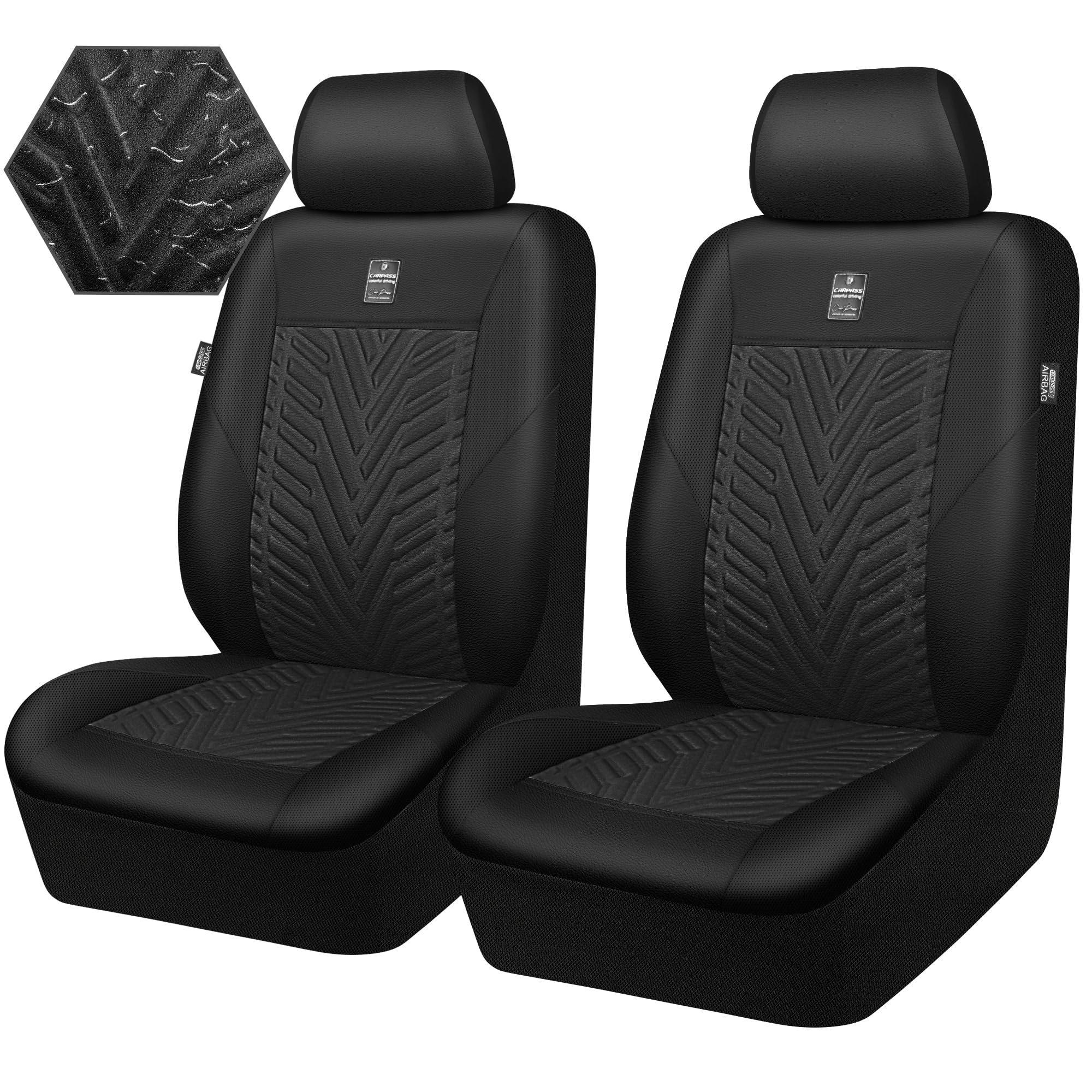 Premium CAR PASS Deluxe Faux Leather Car Seat Covers - Universal Fit for SUV & Truck (2 Front Seats) | 3D Tire Embossed Waterproof Design | Airbag Compatible & Durable | Perfect for Commuting, Road Trips & Daily Driving (Black)