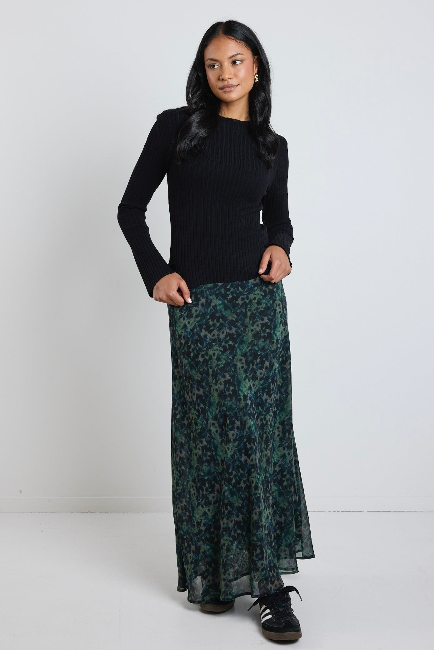 Monument Khaki Ditsy Print Bias Cut Maxi Skirt - Flowy Summer Dress for Women, Beach Vacation, Boho Chic Outfit