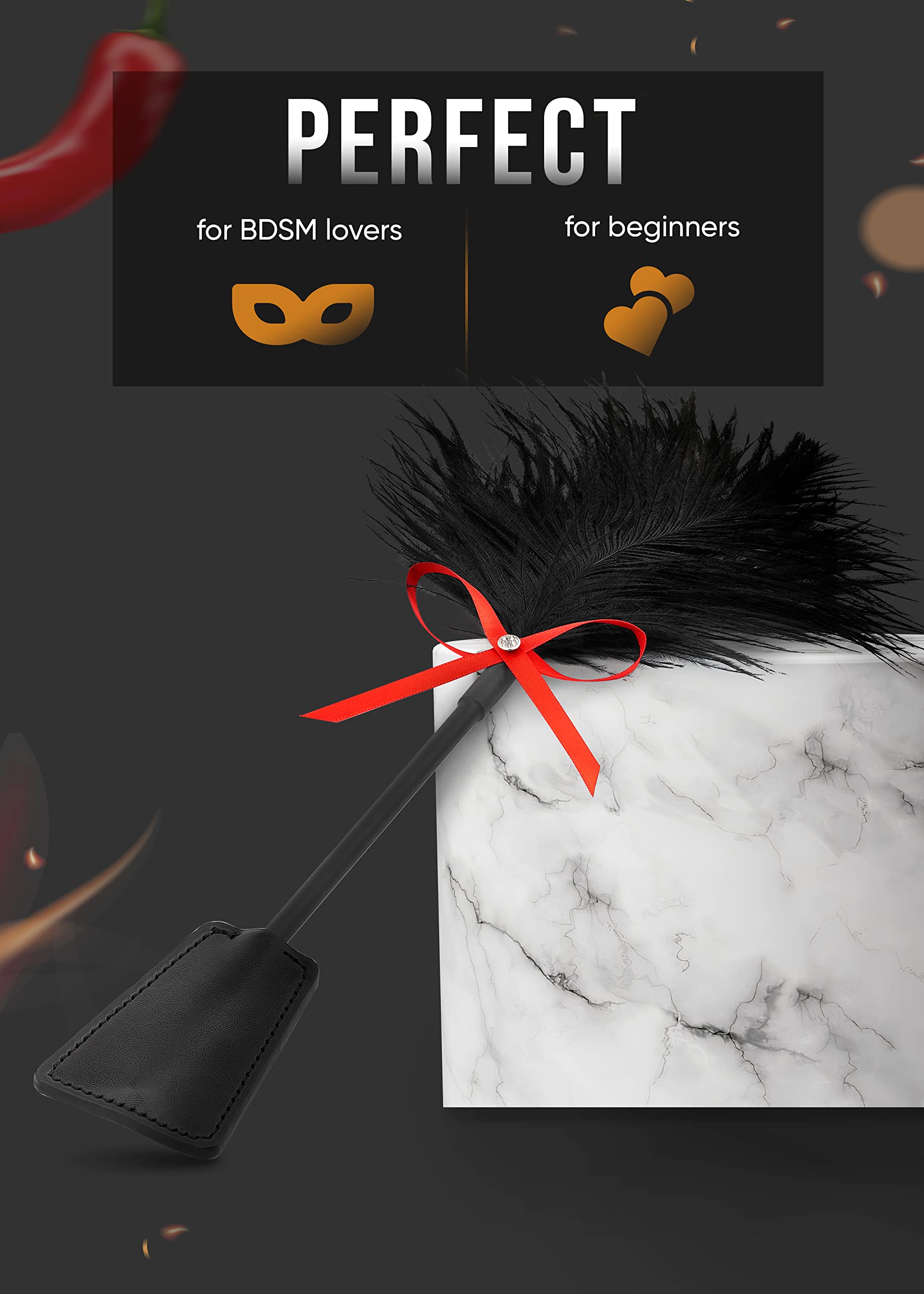 BDSM Flogger Set - Black Feather Crop & Spanking Paddle for Sensual Play | Adult Bondage Toys for Couples | Perfect for Role Play, Spanking, and Sensory Exploration