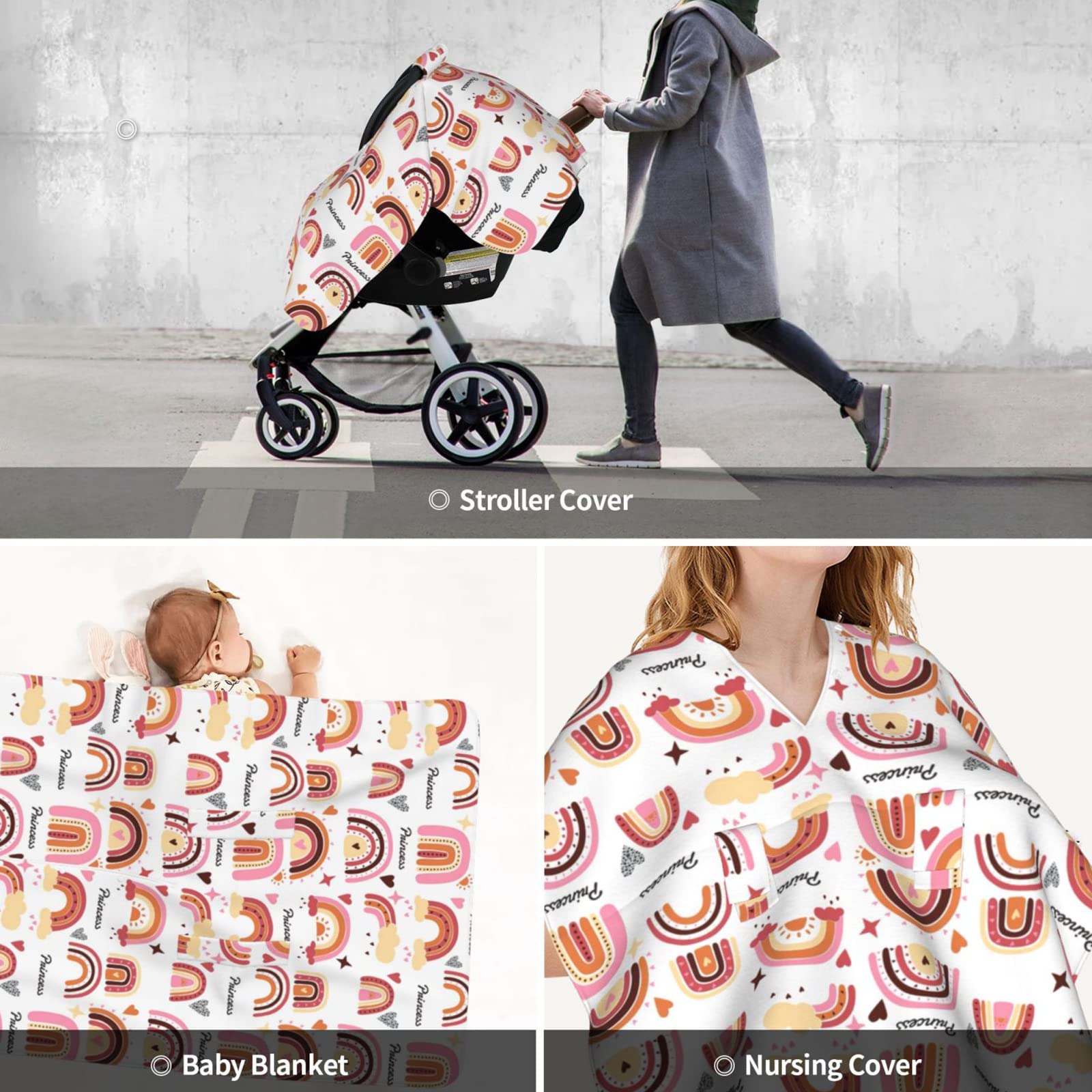 TOMASIAN Personalized Rainbow Baby Car Seat Canopy - Custom Name, Minky Nursing Blanket & Stroller Cover for Girls & Newborns (27.5x39in) - Perfect for Breastfeeding, Travel & Outdoor Protection