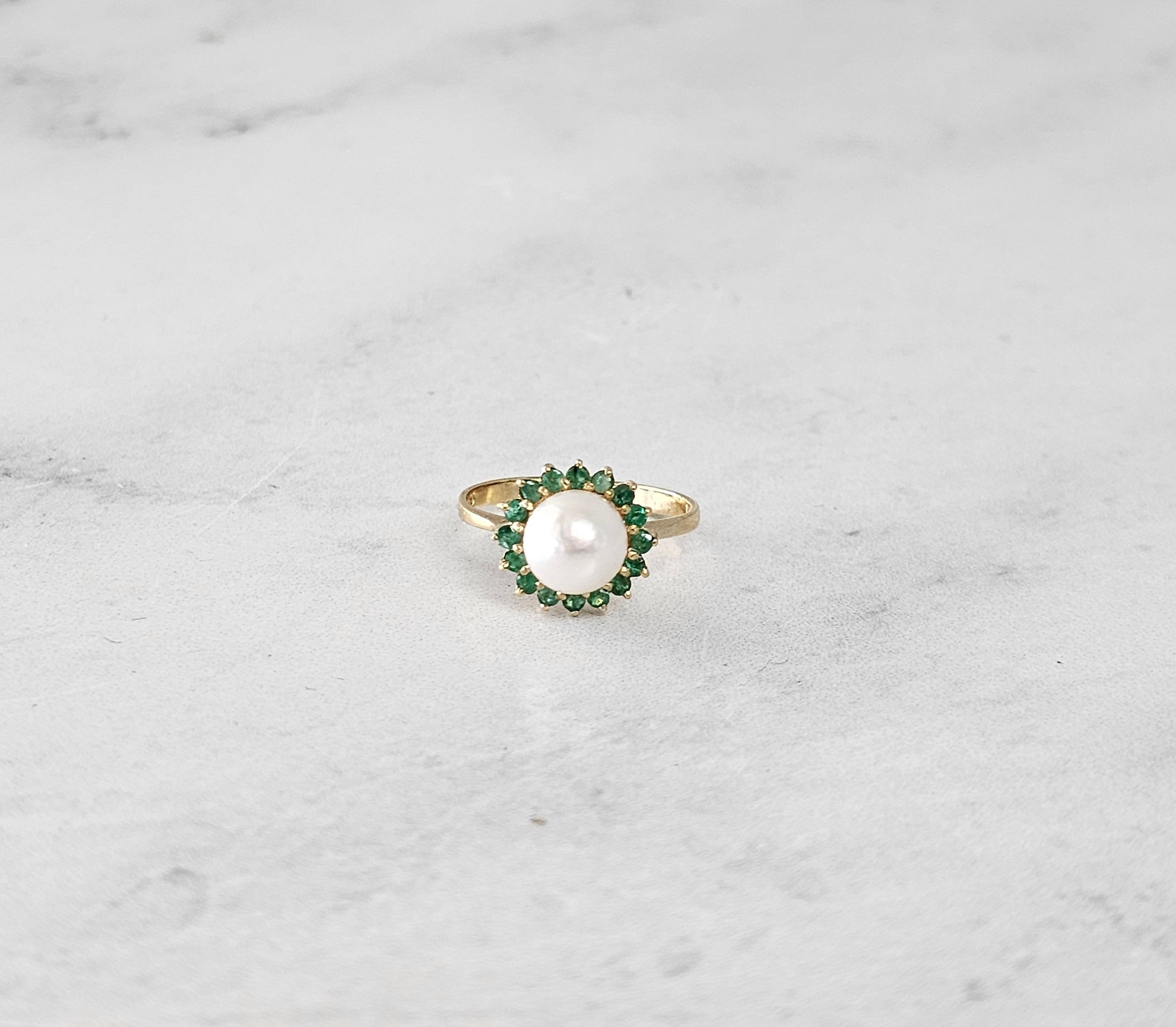 14k Yellow Gold Pearl & Emerald Halo Ring | Elegant Vintage Jewelry for Women | Perfect for Weddings, Anniversaries & Special Occasions