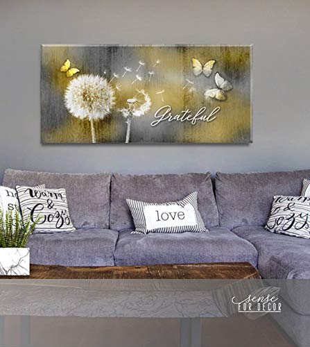 Grateful Dandelions & Butterfly Wall Art - Rustic Bedroom Decor Pictures (42x19 Inch, Yellow) for Home, Living Room & Office Wall Decoration