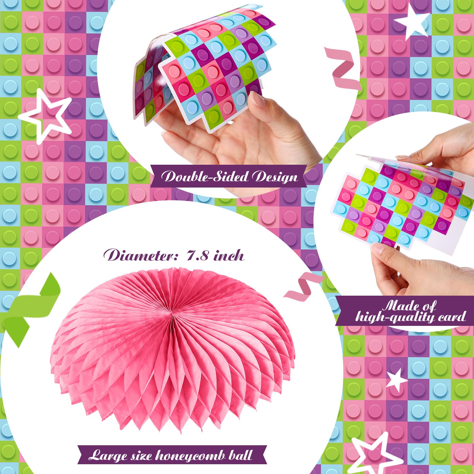 Colarr 9-Piece Pink Honeycomb Building Block Party Set - Girls Birthday Party Decorations, Table Centerpieces, Cake Topper - Perfect for Kids Brick-Themed Birthday Parties, Baby Showers & DIY Decor