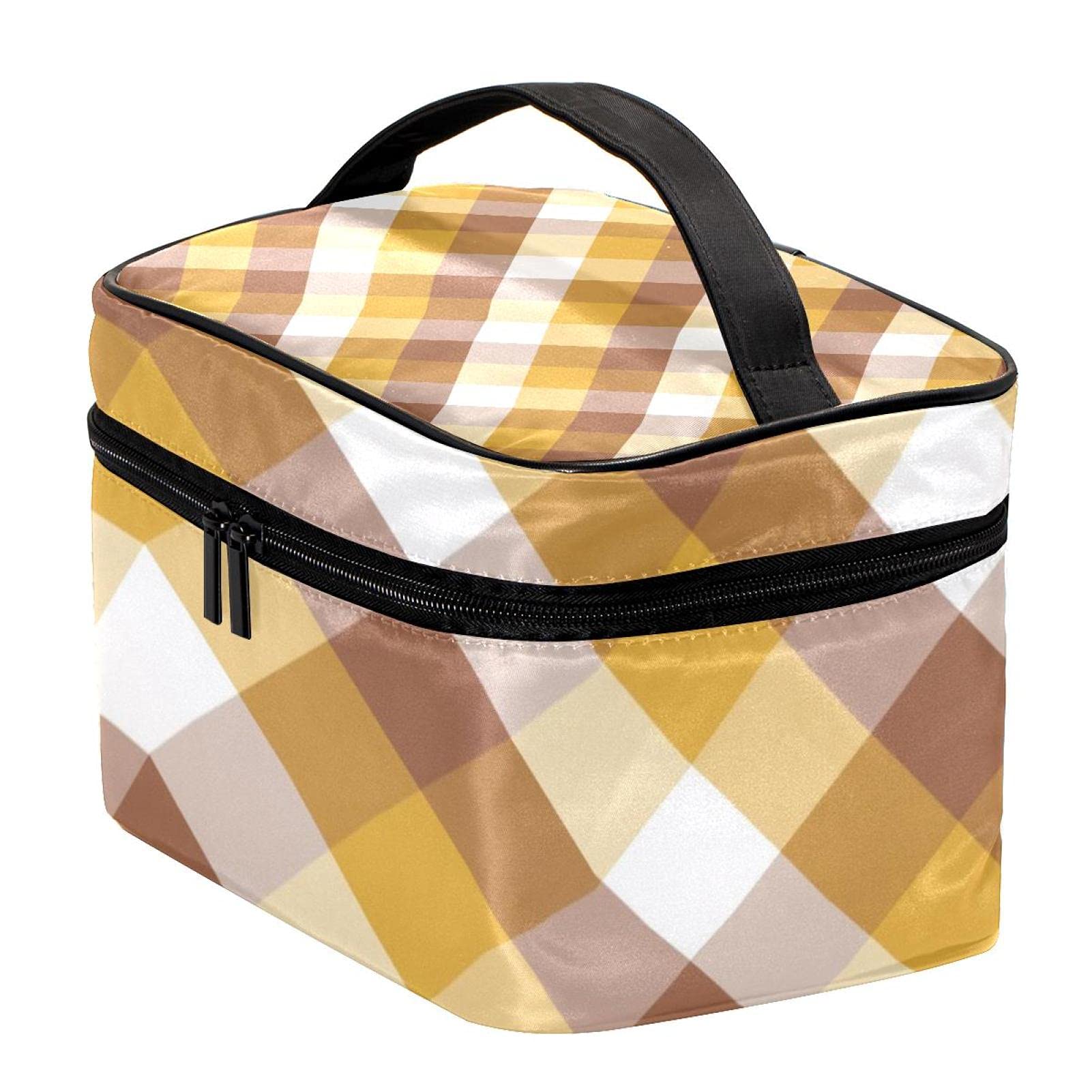 Brown Yellow White Check Pattern Large Travel Makeup Bag - Waterproof Cosmetic Organizer with Zipper for Women & Girls | Perfect for Travel, Gym, Beach & Daily Use