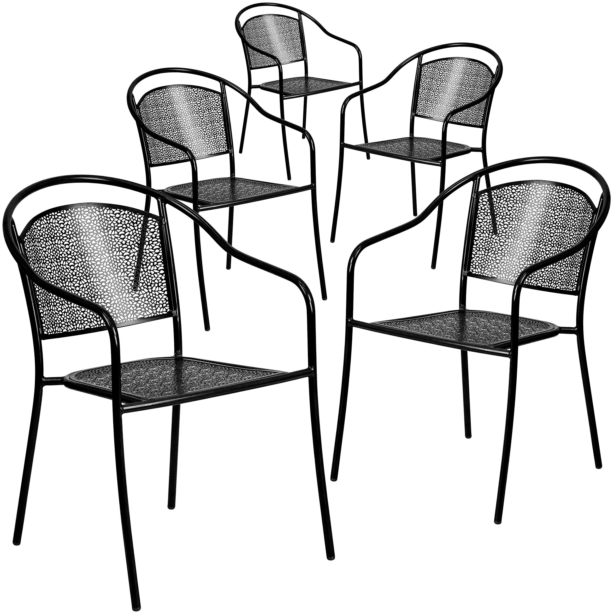 5 Pack Black Steel Indoor-Outdoor Patio Arm Chairs with Round Back - Durable Cafe Bistro Chairs for Restaurant, Garden, Balcony & Home Decor
