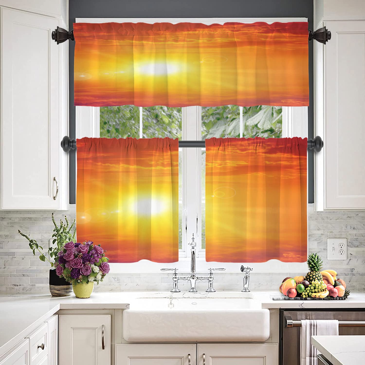 Radiant Orange Sunrise Sunset Landscape Kitchen Curtains - Blackout Decorative Small Kitchen Valances, 52 x 18 Inch, Perfect for Kitchen and Bedroom Windows