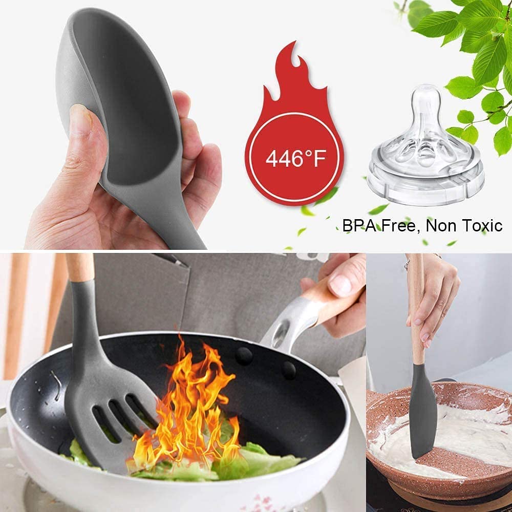 Premium Silicone Kitchen Utensil Set with Wooden Handles - 12-Piece Heat-Resistant Cooking Tools Including Spatula, Turner, Tongs & Whisk - Non-Slip Holder Included - Perfect for Baking, Frying & Everyday Cooking (Black)