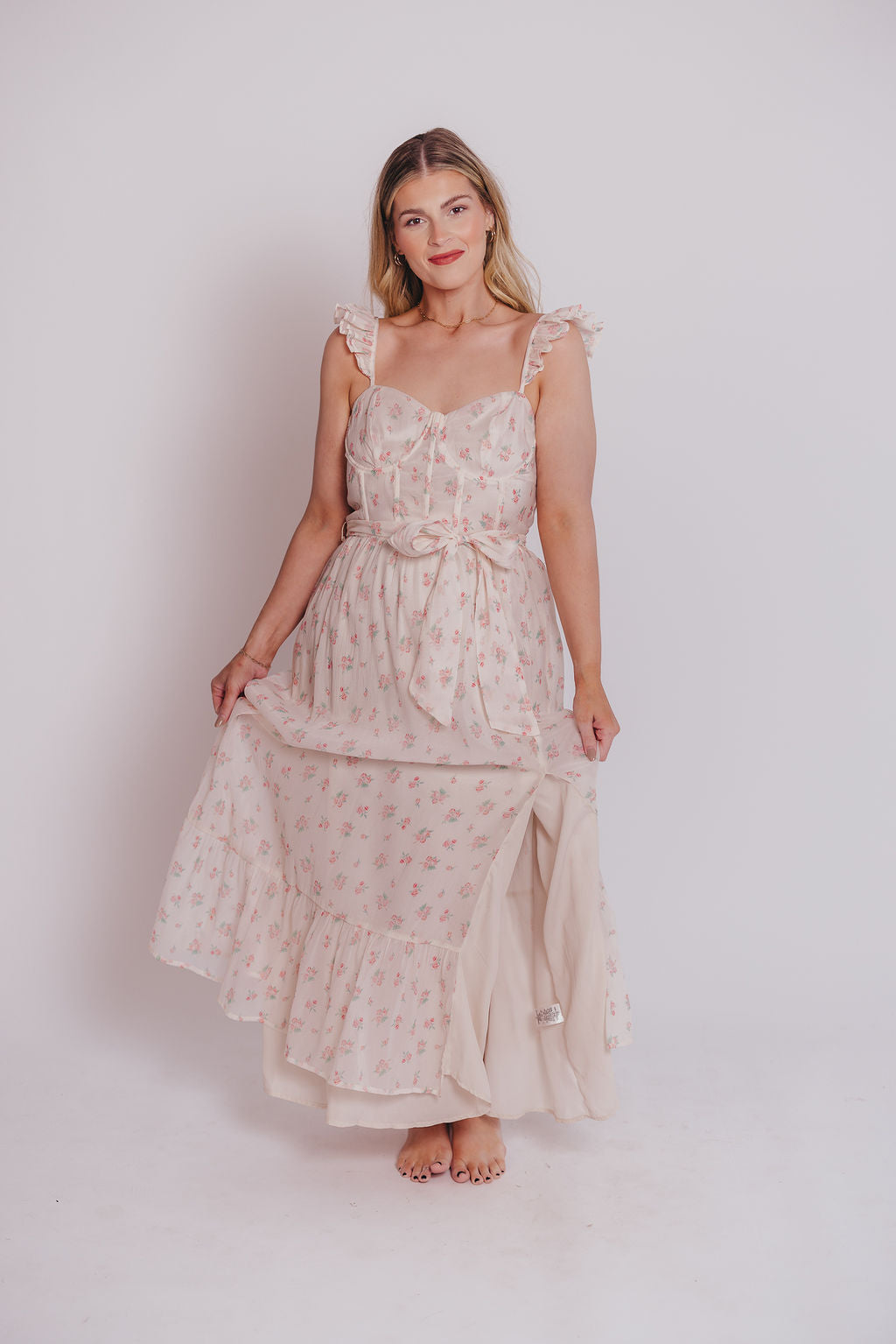 Rosamund Bustier Style Maxi Dress - Blush Pink Floral Print, Plus Size (S-3XL) | Wedding Guest Dress, Summer Beach Dress, Formal Occasion Outfit