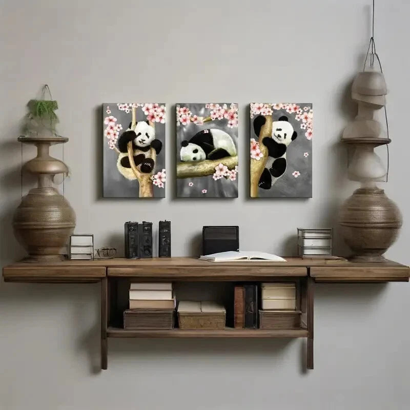 3-Piece Cute Panda Bear Metal Wall Art Prints - Ready to Hang Home Decor for Living Room, Bedroom & Nursery | Modern Animal Painting for Kids & Adults