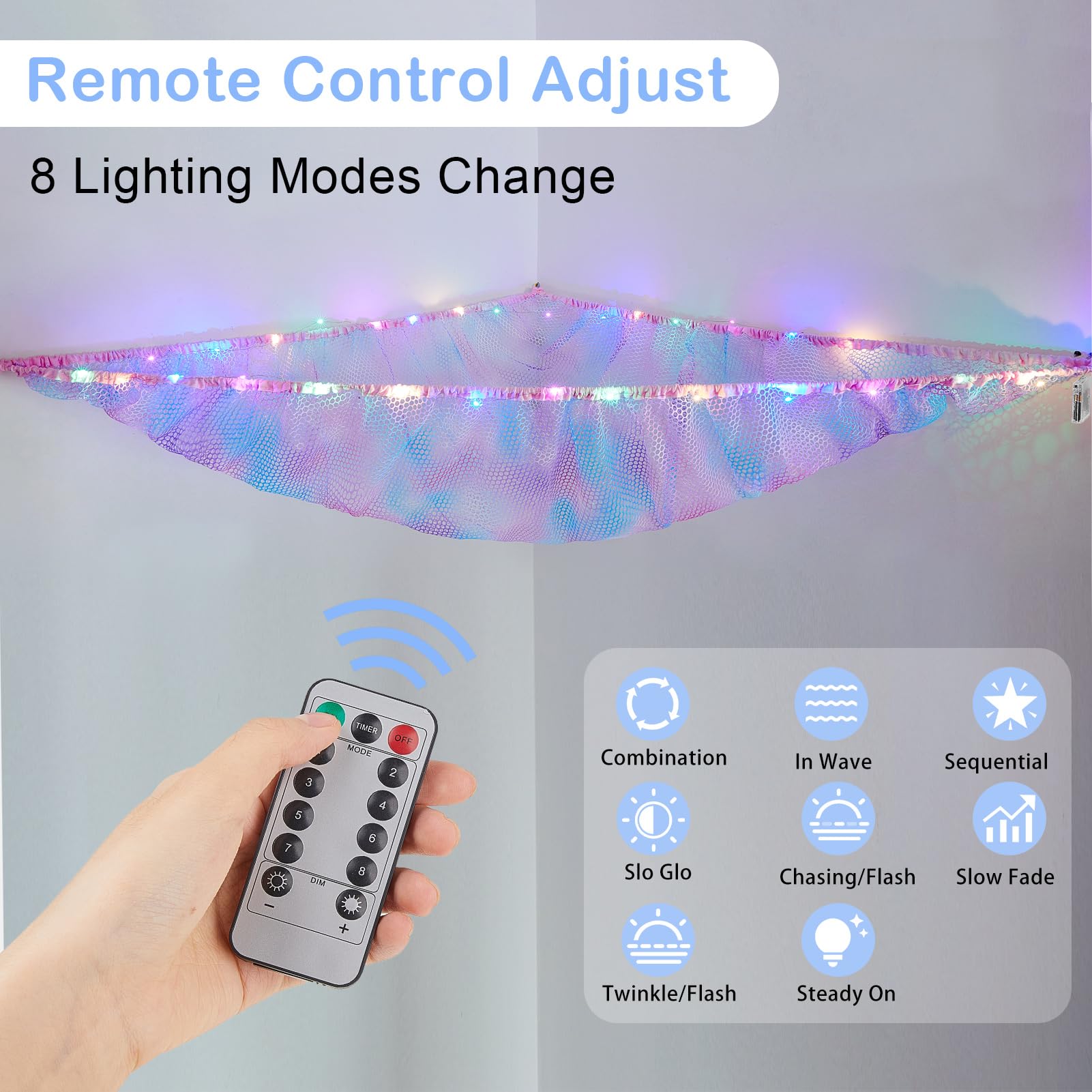 **Basumee LED Stuffed Animal Hammock with Remote Control - 8 Color Changing Lights, Hanging Toy Storage Net for Kids Room & Nursery - Perfect for Organizing Plush Toys, Stuffed Animals & Soft Toys**