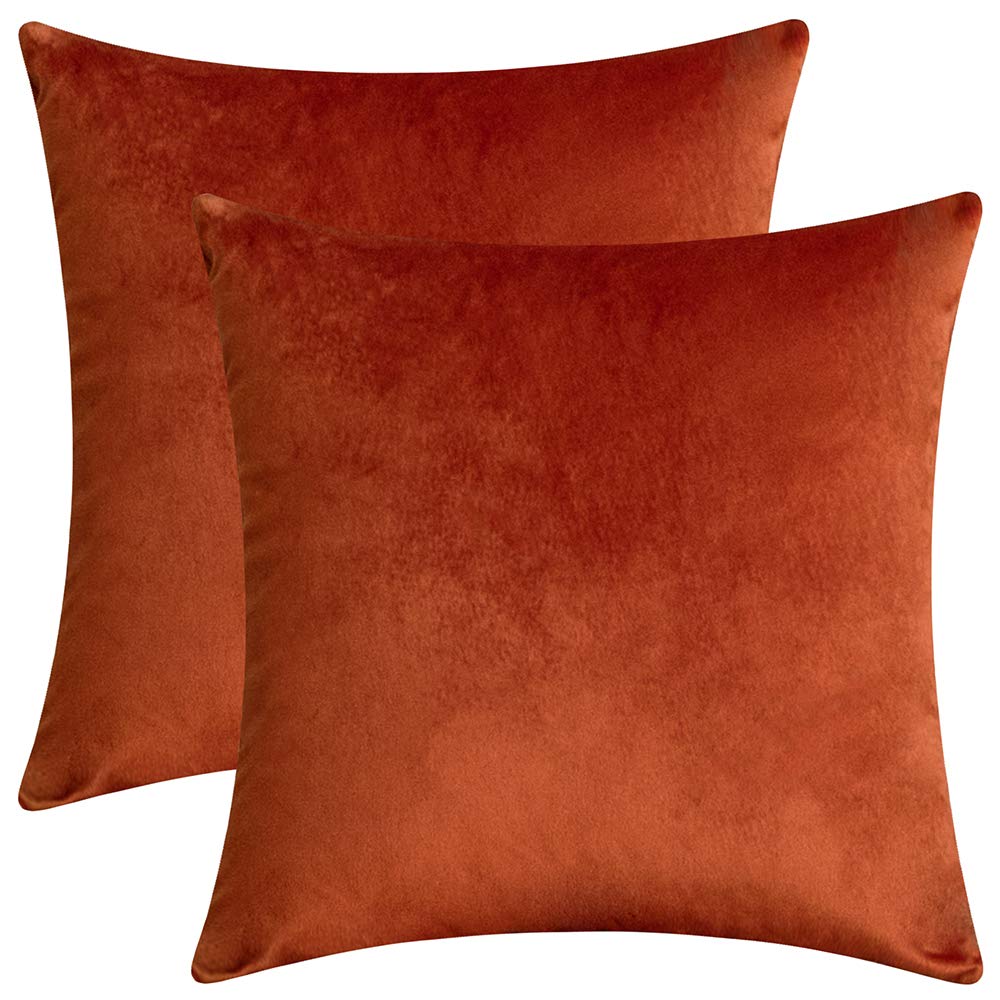 2 Pack Soft Velvet Throw Pillow Covers - 14x14 Inch Decorative Square Cushion Cases for Sofa, Couch & Bed - Rust Color Home Decor Accent for Living Room, Bedroom & Dorm