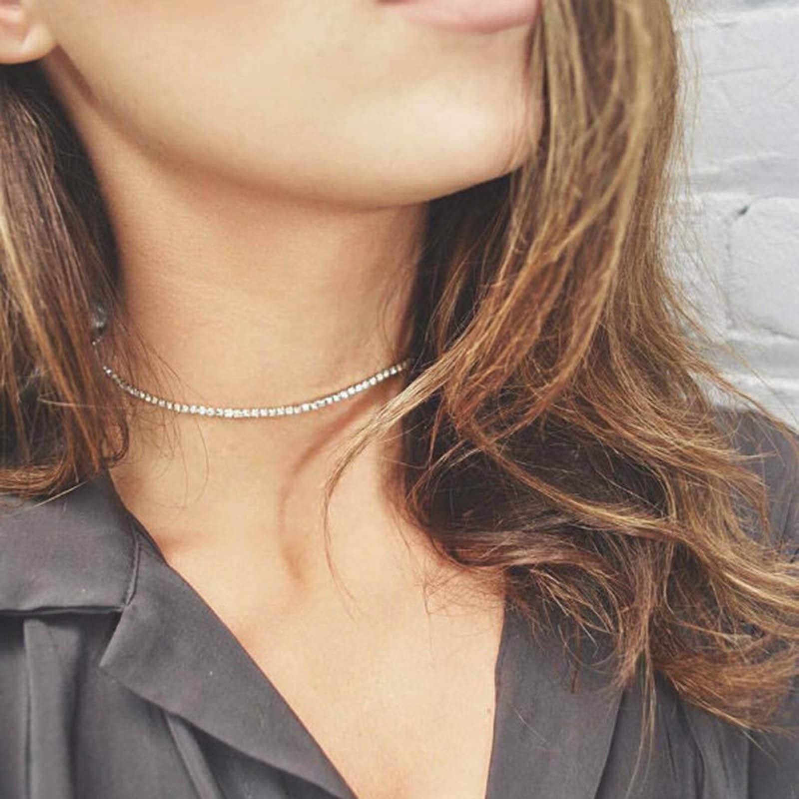 Sparkling Rhinestone Choker Necklace for Women - Silver CZ Diamond Collar Chain with Shining Crystals | Elegant Bling Jewelry for Nightclub, Party, Wedding & Special Occasions