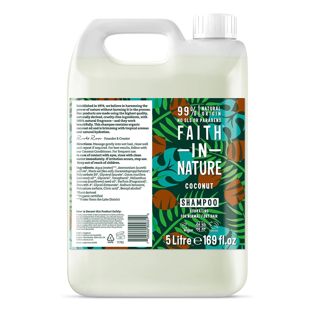 Faith In Nature Coconut 5 Liter Shampoo Refill - Natural & Vegan Hair Care for Daily Use - Perfect for Home, Salon & Travel