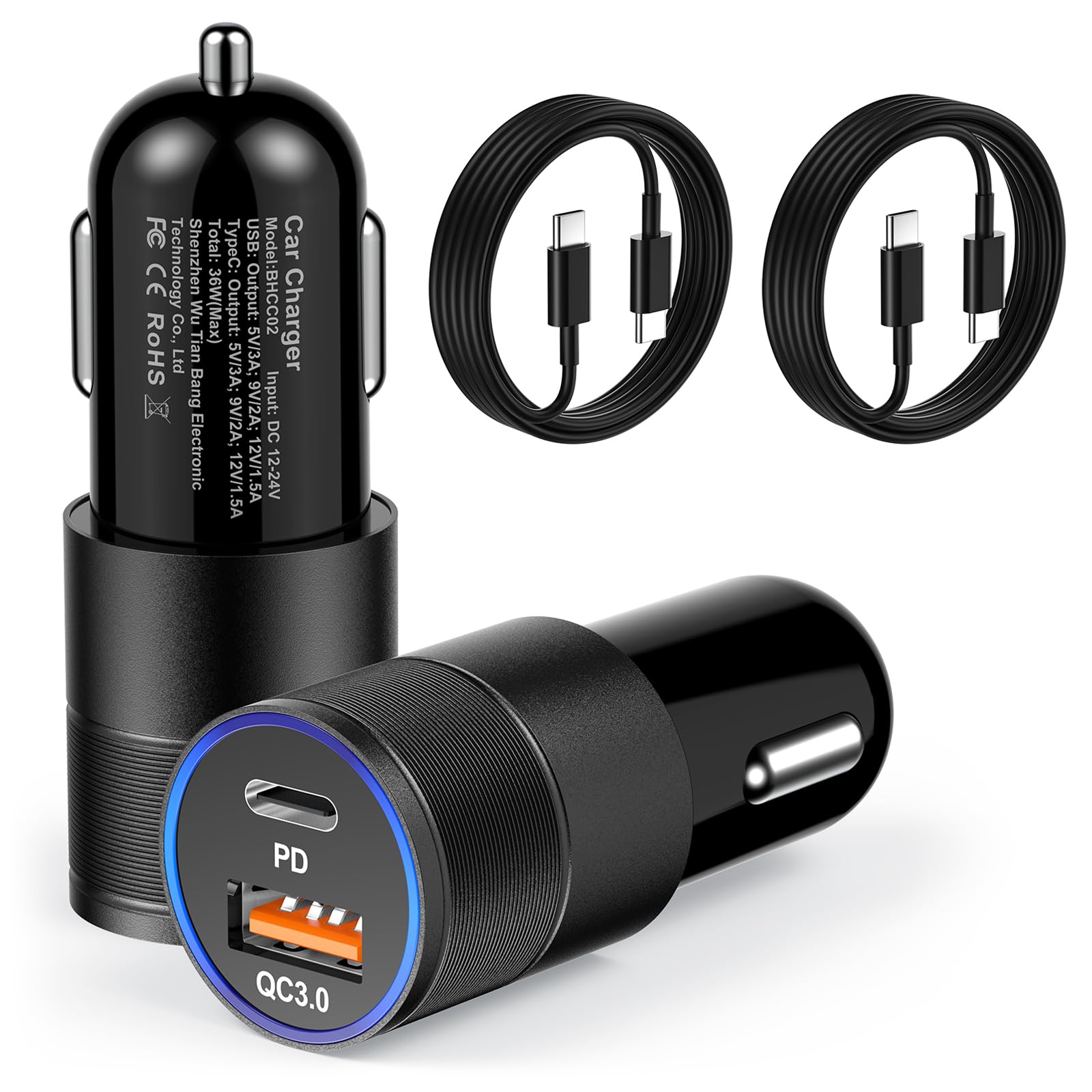 2-Pack 36W PD & QC3.0 Fast Car Charger with 6FT Cable - Dual USB C Port Cigarette Lighter Adapter for iPhone 16/16 Plus/16 Pro/16 Pro Max/15, iPad Pro/Air/Mini, Samsung Galaxy - Perfect for Road Trips & Long Commutes