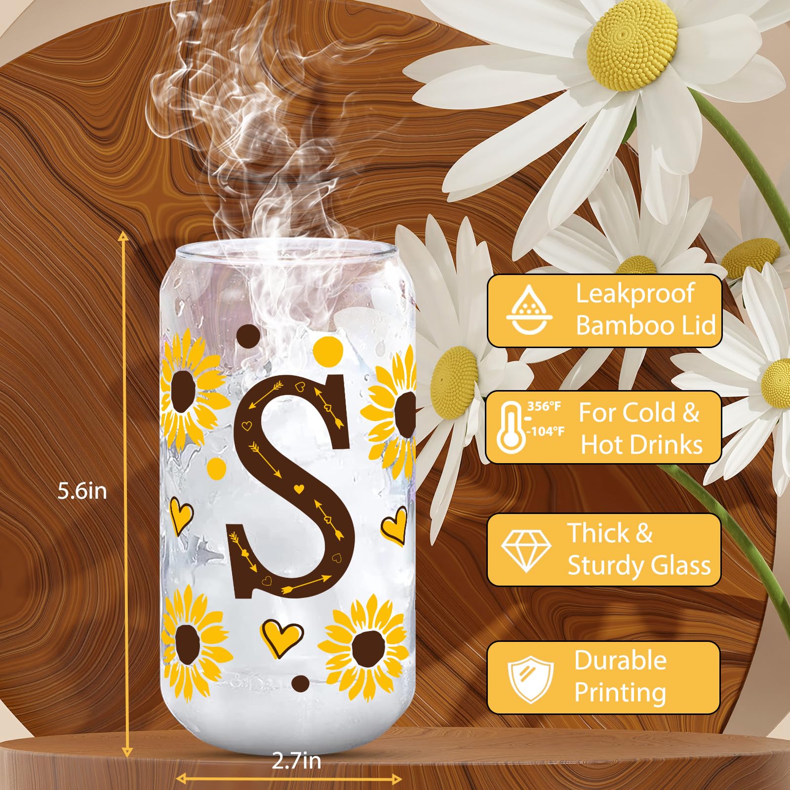 Personalized Sunflower Tumbler with Lid - Cute Sunflower Glass Mug for Women, Sunflower Birthday Gifts for Mom, Sister, Best Friend - Perfect for Coffee, Tea, Office, Home & Outdoor Use
