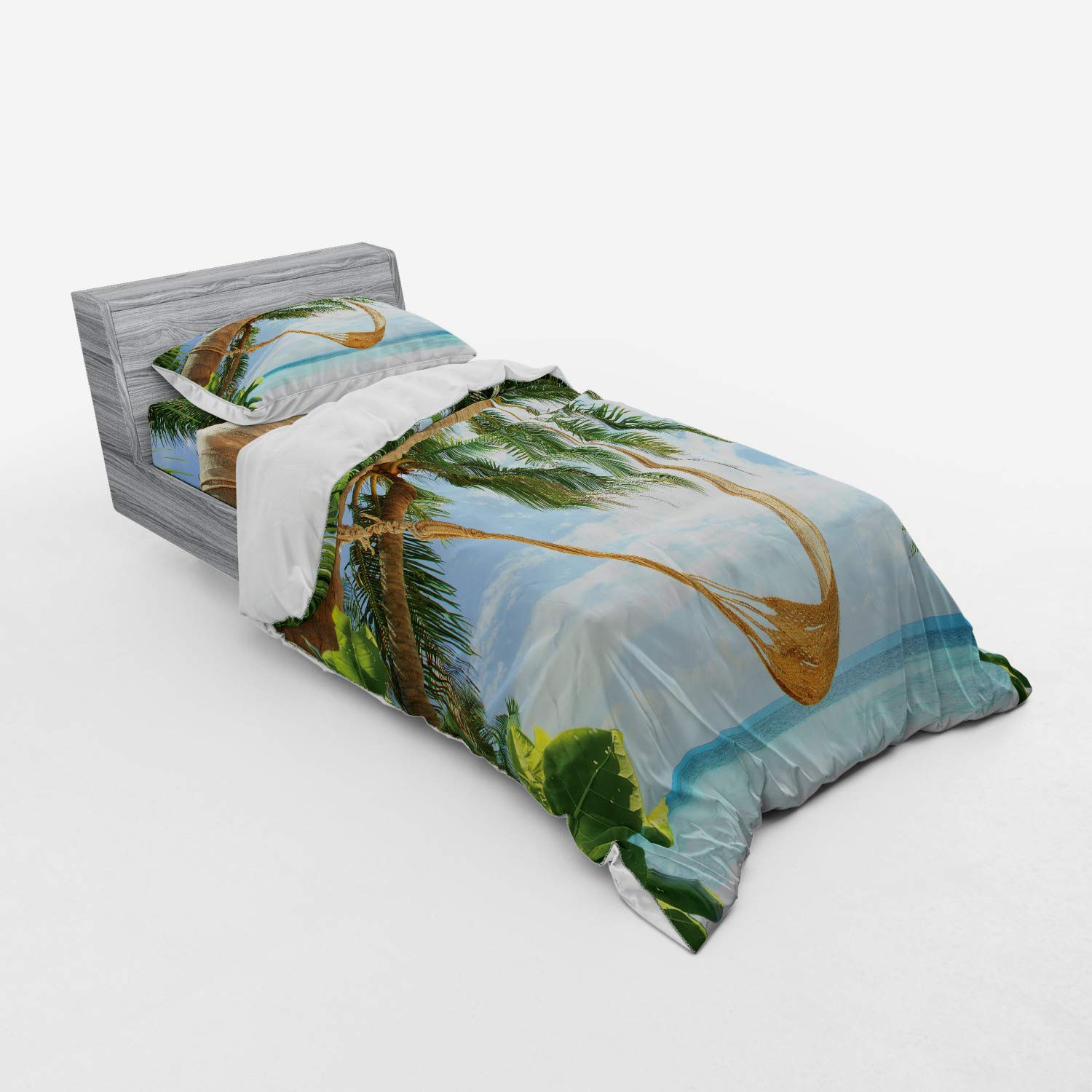 Ambesonne Beach Duvet Cover Set - Tropical Hammock & Palm Tree Ocean View Print, 3-Piece Bedding Set with Pillow Sham & Fitted Sheet, Twin XL Size, Green Cream Blue - Perfect for Coastal & Tropical Bedroom Decor, Vacation Home, or Beach House Retreat