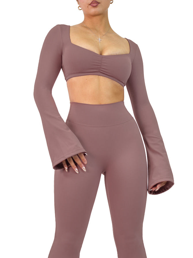 Stylish French Mauve Flared Long Sleeve Sports Top for Women - Perfect for Yoga, Gym Workouts & Casual Streetwear