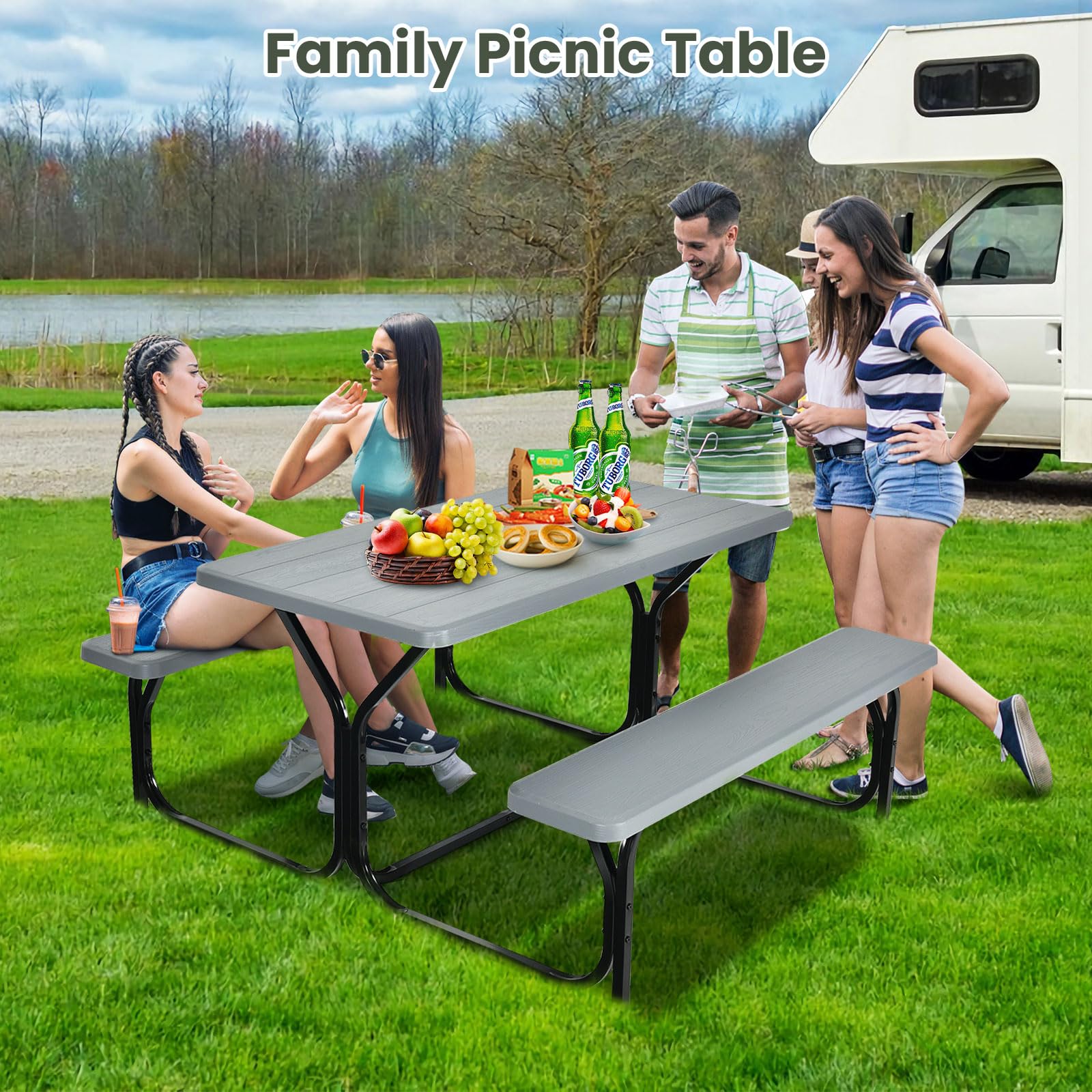 MEDIMALL Portable Picnic Table with Benches - All-Weather Outdoor Dining Set with Metal Frame & Durable Plastic Tabletop - Perfect for Camping, Backyard BBQs, Garden Parties & Picnics (Gray)