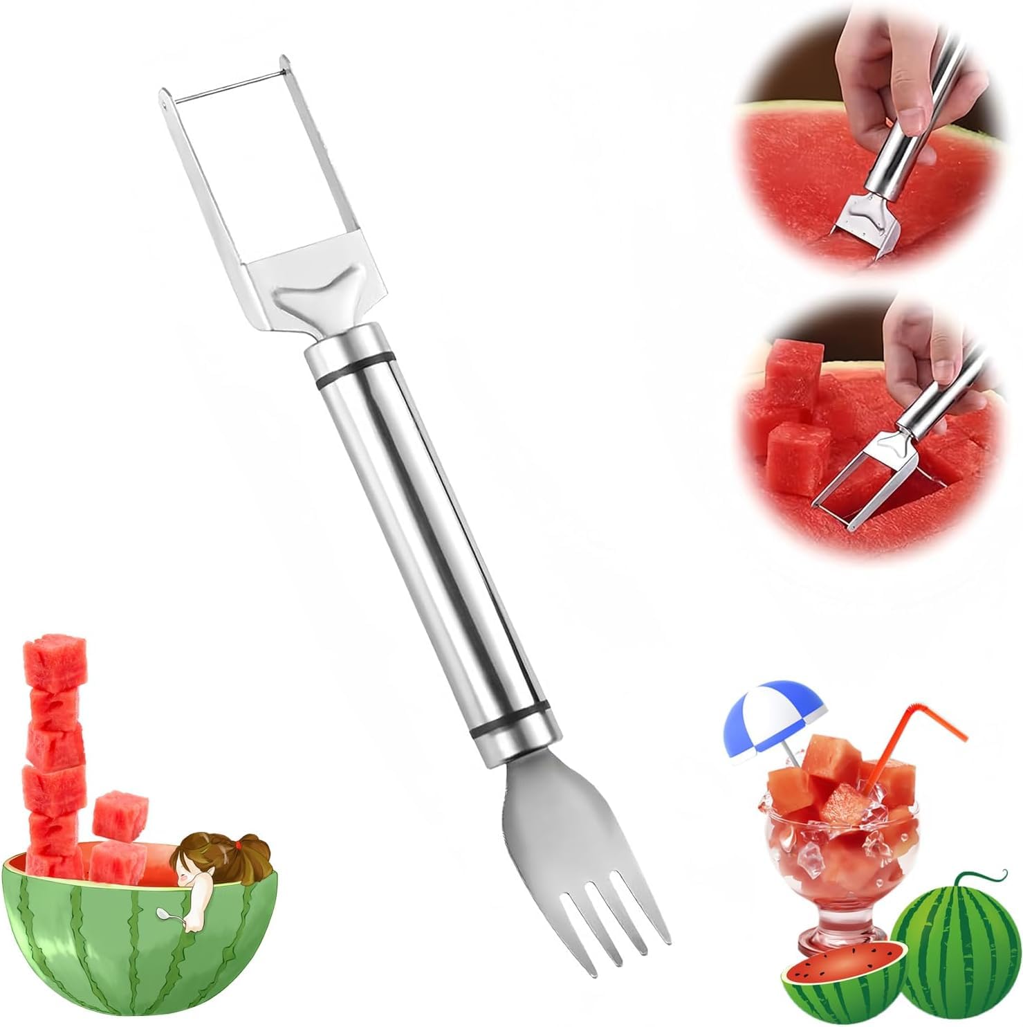 2024 Stainless Steel 2-in-1 Watermelon Slicer & Fork - Dual Head Fruit Cutting Tool for Watermelons, Melons & Fruits - Perfect for Summer BBQs, Picnics & Home Kitchen Use