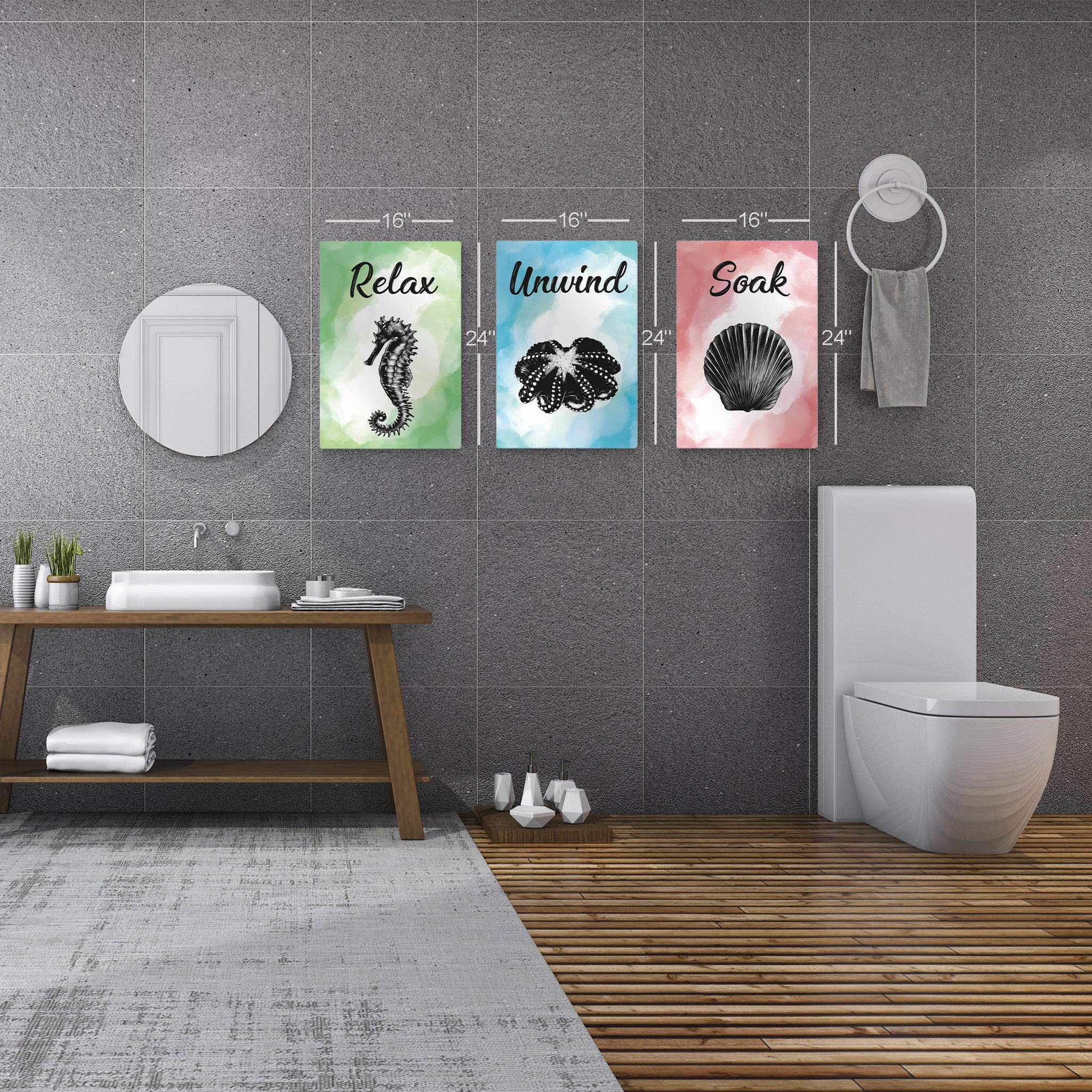 Smile Art Design 3-Piece Metal Print Set - Relax Soak Unwind Quote Bathroom Wall Decor, Funny Toilet Sign, Ready to Hang (12x8 inches) - Perfect for Bathroom, Powder Room & Spa Decor