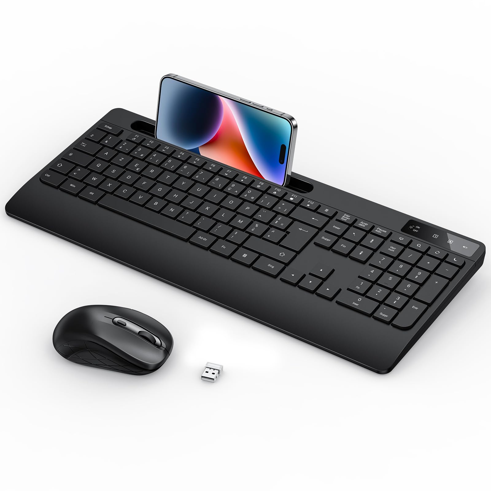 OMOTON Wireless Keyboard & Mouse Set, 2.4G AZERTY, Silent Ergonomic for PC - Home & Office Use
