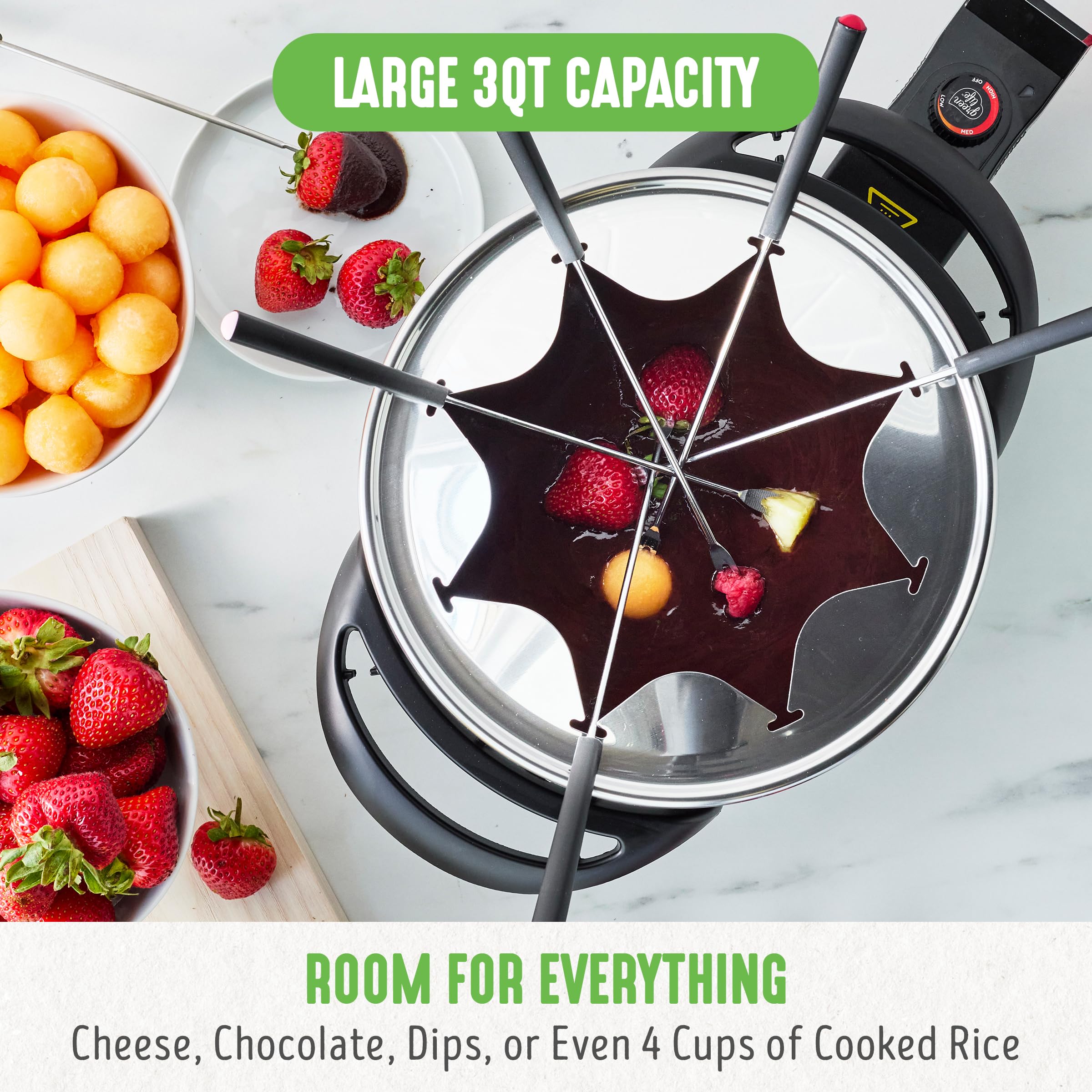 GreenLife 14 Cup Electric Fondue Pot Set for Cheese, Chocolate & Meat - 8 Color Coded Forks, Ceramic Nonstick Coating, Adjustable Temp Control, PFAS-Free, Turquoise - Perfect for Parties, Date Nights & Family Gatherings