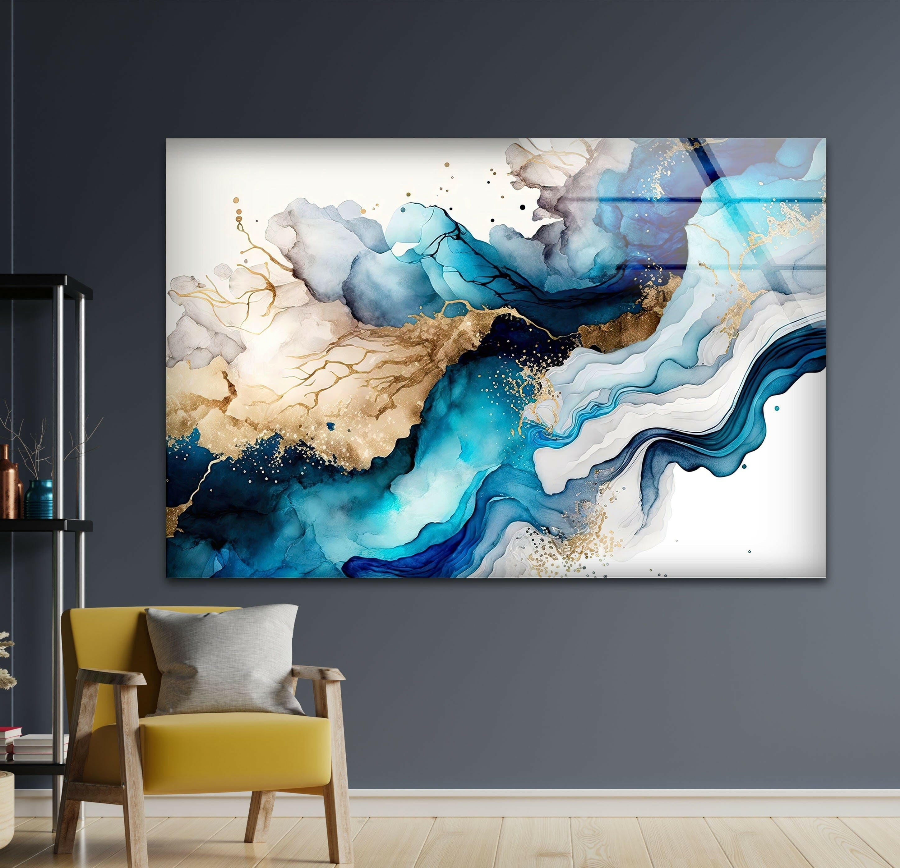 Blue and Gold Fluid Abstract Glass Wall Art - Modern Handmade Home Decor for Living Room, Bedroom, Office | Unique Gift Idea for Housewarming, Wedding