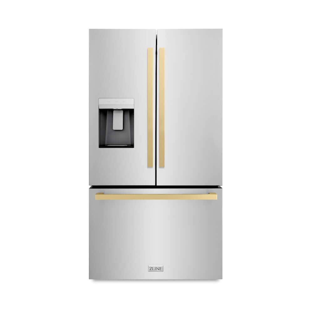 ZLINE Autograph Edition 36 Inch Standard Depth French Door Refrigerator - 28.9 cu. ft. Capacity, External Water Dispenser, Dual Ice Maker, Fingerprint Resistant Stainless Steel with Champagne Bronze Handles (RSMZ W 36 FCB) - Perfect for Modern Kitchens & Open Concept Homes
